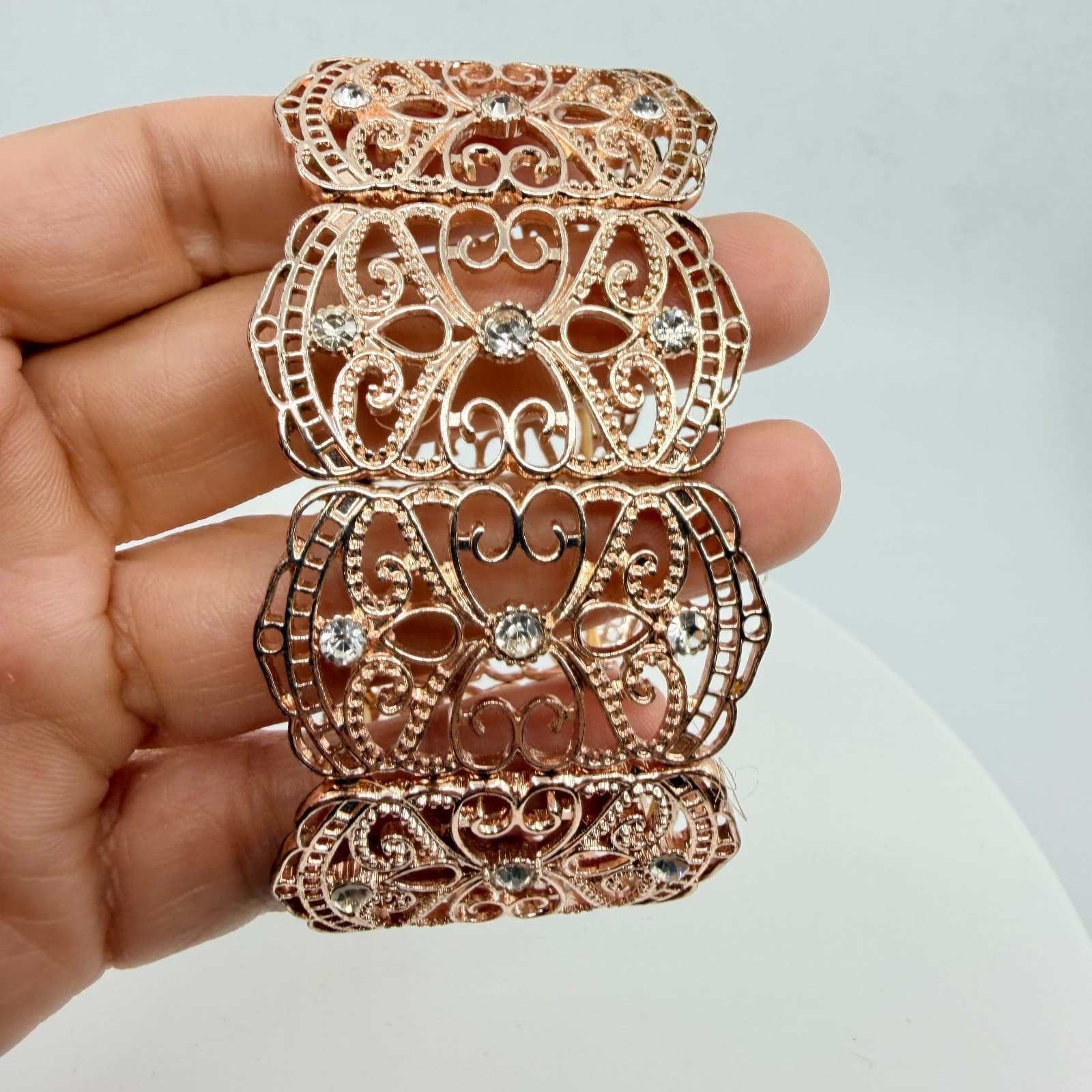 Vintage Y2K Rose Gold Tone Filigree Stretch Cuff Bracelet Rhinestone Boho Retro - Thumbnail 5