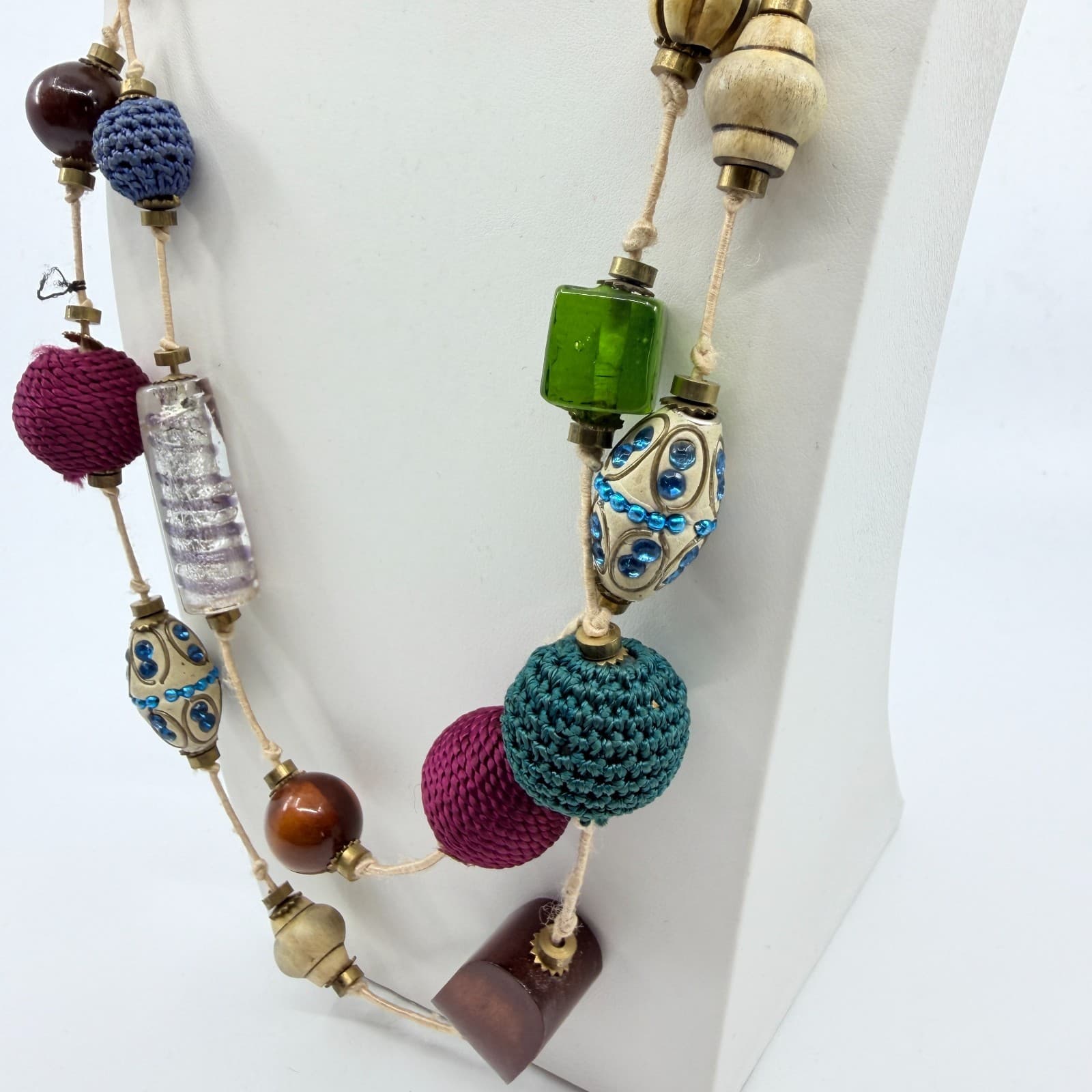 Vintage Boho Mixed Media Chunky Bead Long Layering Necklace Wood Glass Crocheted - Thumbnail 5