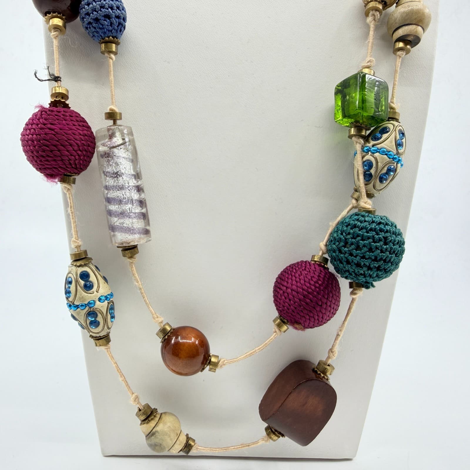 Vintage Boho Mixed Media Chunky Bead Long Layering Necklace Wood Glass Crocheted - Thumbnail 2