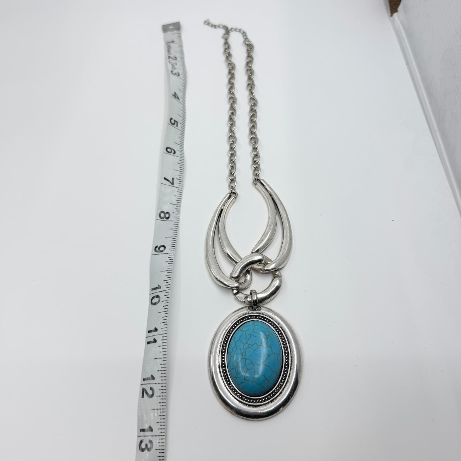 Vintage Faux Turquoise Large Oval Pendant Necklace Silver Tone Chunky Statement - Thumbnail 11