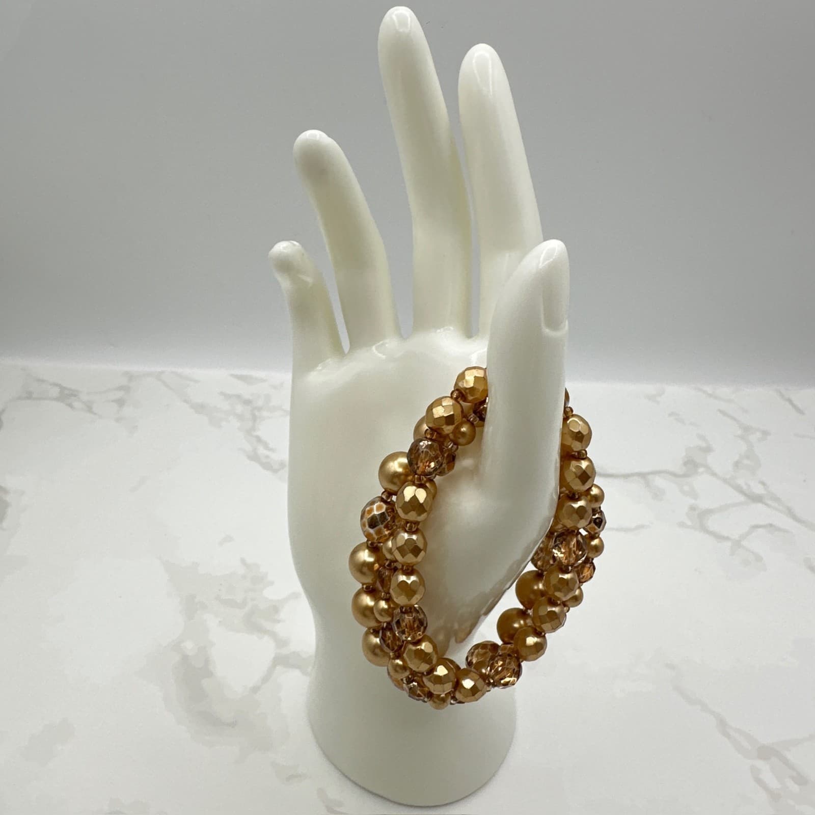 Vintage Gold-Tone Classic Stretch Triple-Strand Faceted Beads Torsade Bracelet