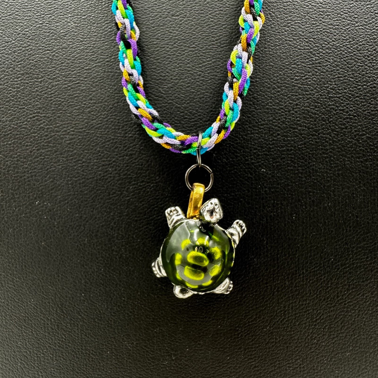 Vintage Green Silver-Toned Cute Turtle Braided Textile Cord Charm Pendant