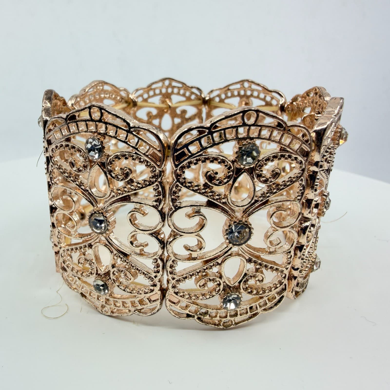 Vintage Y2K Rose Gold Tone Filigree Stretch Cuff Bracelet Rhinestone Boho Retro - Thumbnail 2