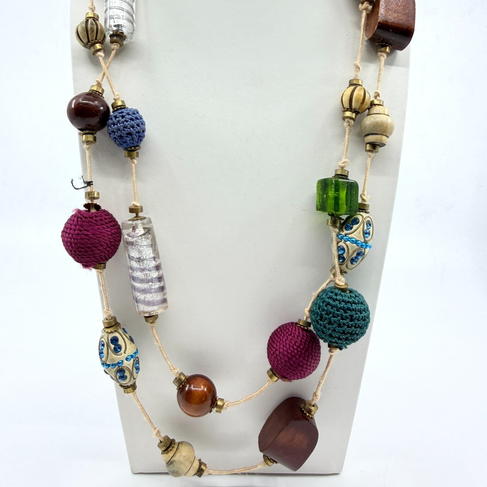 Vintage Boho Mixed Media Chunky Bead Long Layering Necklace Wood Glass Crocheted