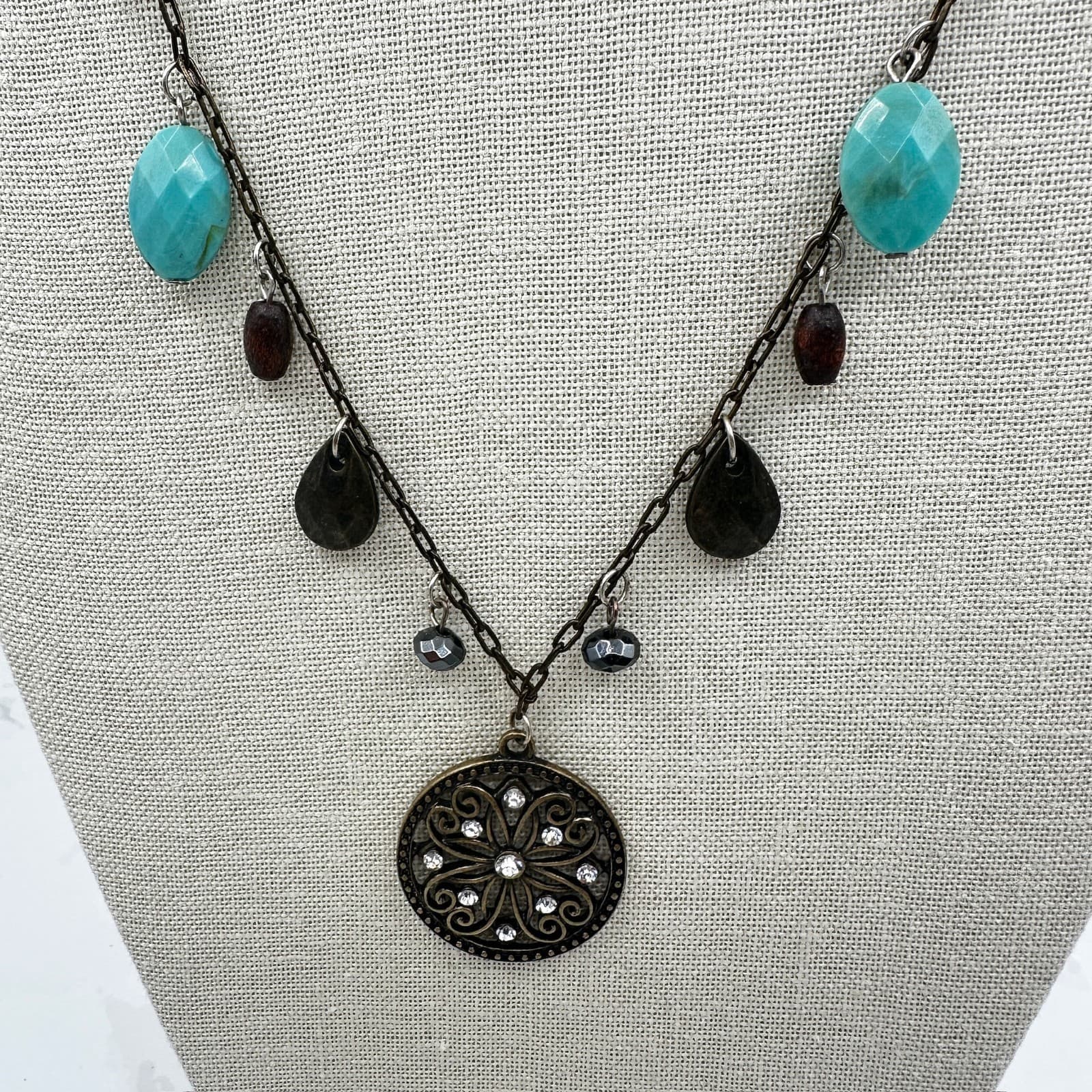 Vintage Bronze-Tone Adjustable Oval Link Crystal Beaded Pendant Lobster Necklace - Thumbnail 3