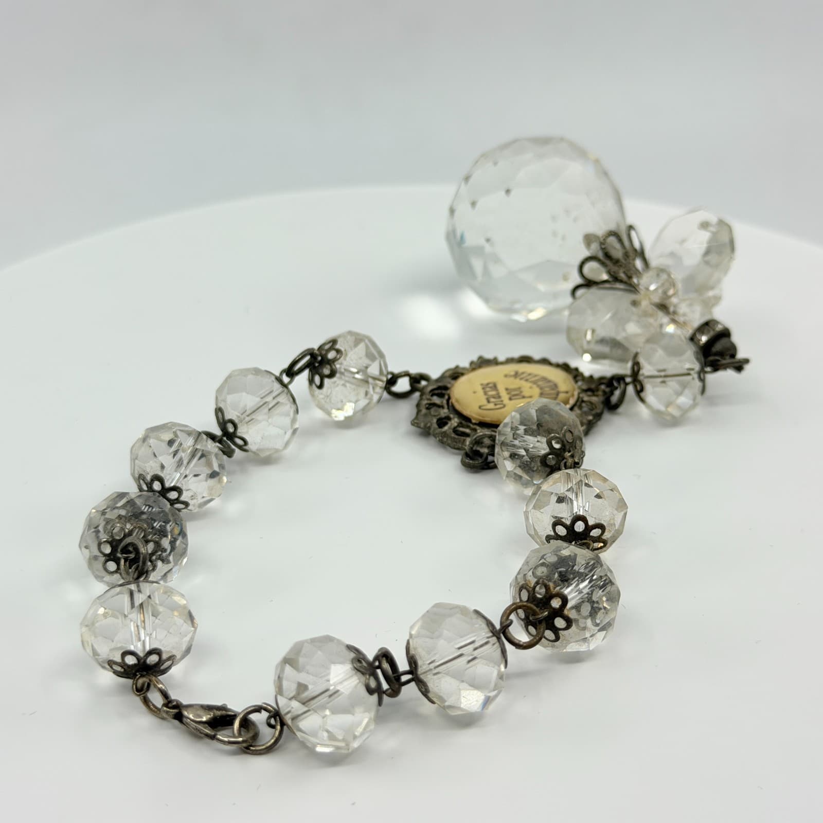 Vintage Crystal Rosary Bracelet Gracias Por Acompañarme Clear Beaded Orb Charm - Thumbnail 5