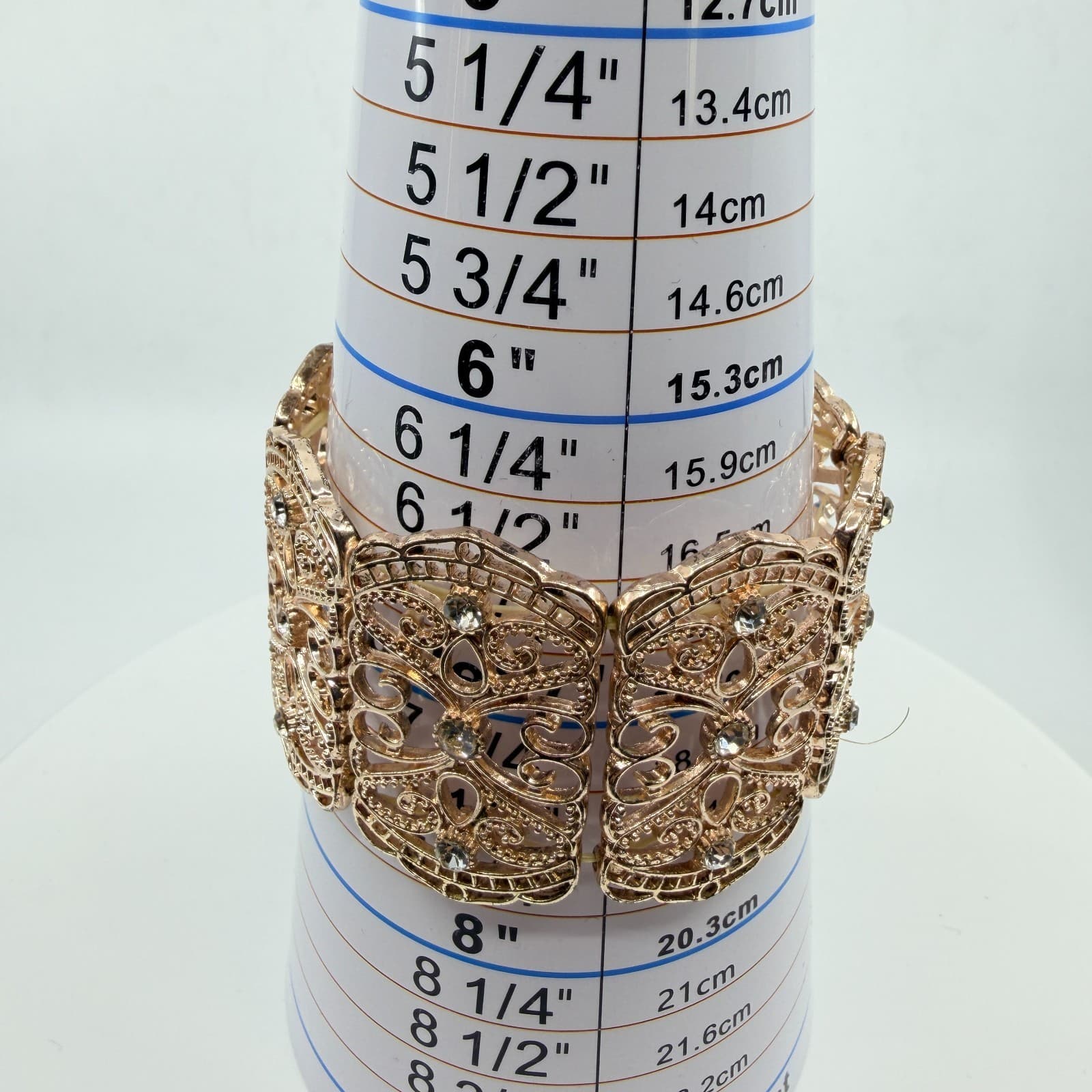 Vintage Y2K Rose Gold Tone Filigree Stretch Cuff Bracelet Rhinestone Boho Retro - Thumbnail 6