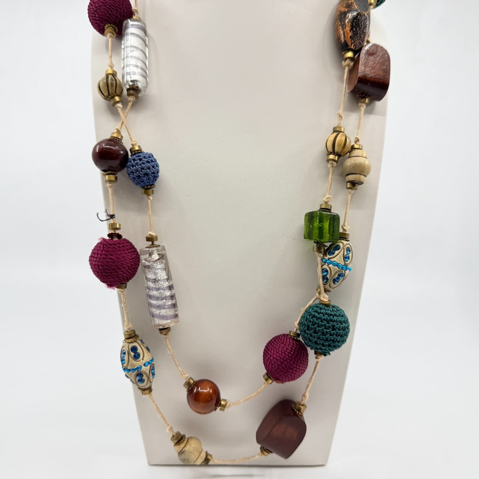 Vintage Boho Mixed Media Chunky Bead Long Layering Necklace Wood Glass Crocheted - Thumbnail 3