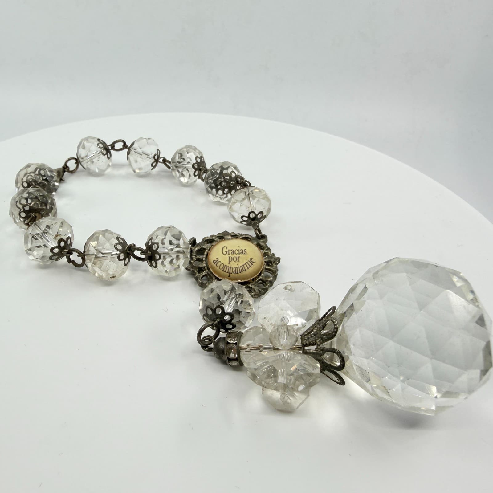 Vintage Crystal Rosary Bracelet Gracias Por Acompañarme Clear Beaded Orb Charm - Thumbnail 7