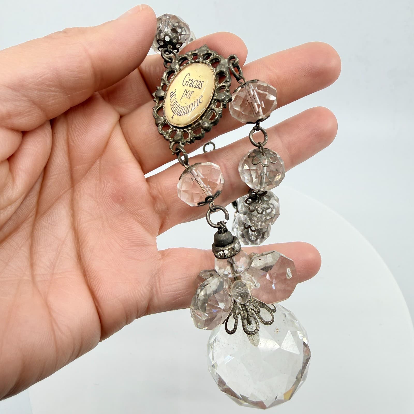 Vintage Crystal Rosary Bracelet Gracias Por Acompañarme Clear Beaded Orb Charm - Thumbnail 8
