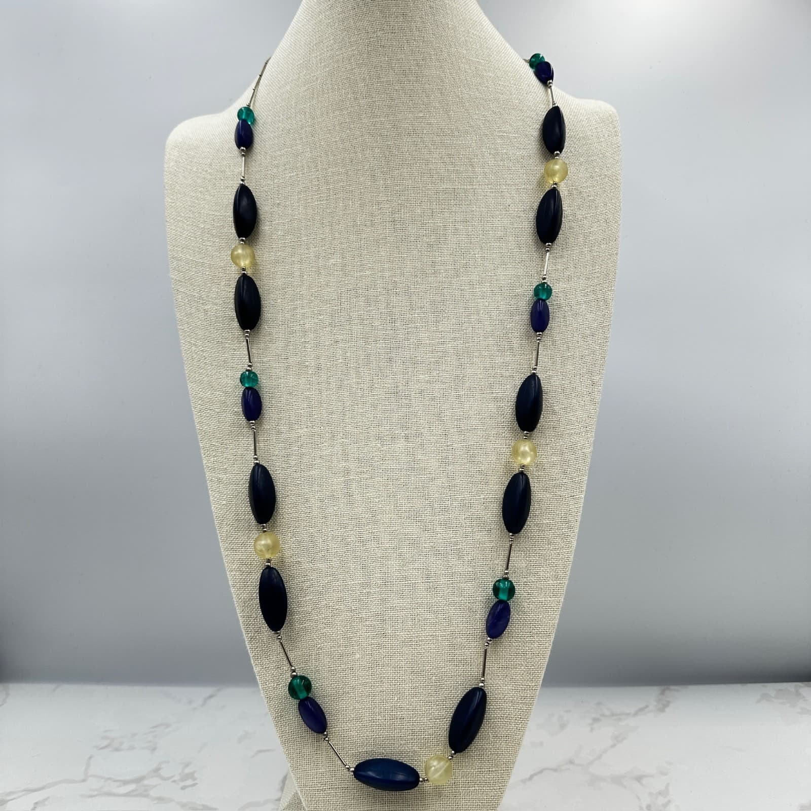 Vintage Silver-Tone Blue Mother Of Pearl Matinee Beaded Statement Necklace