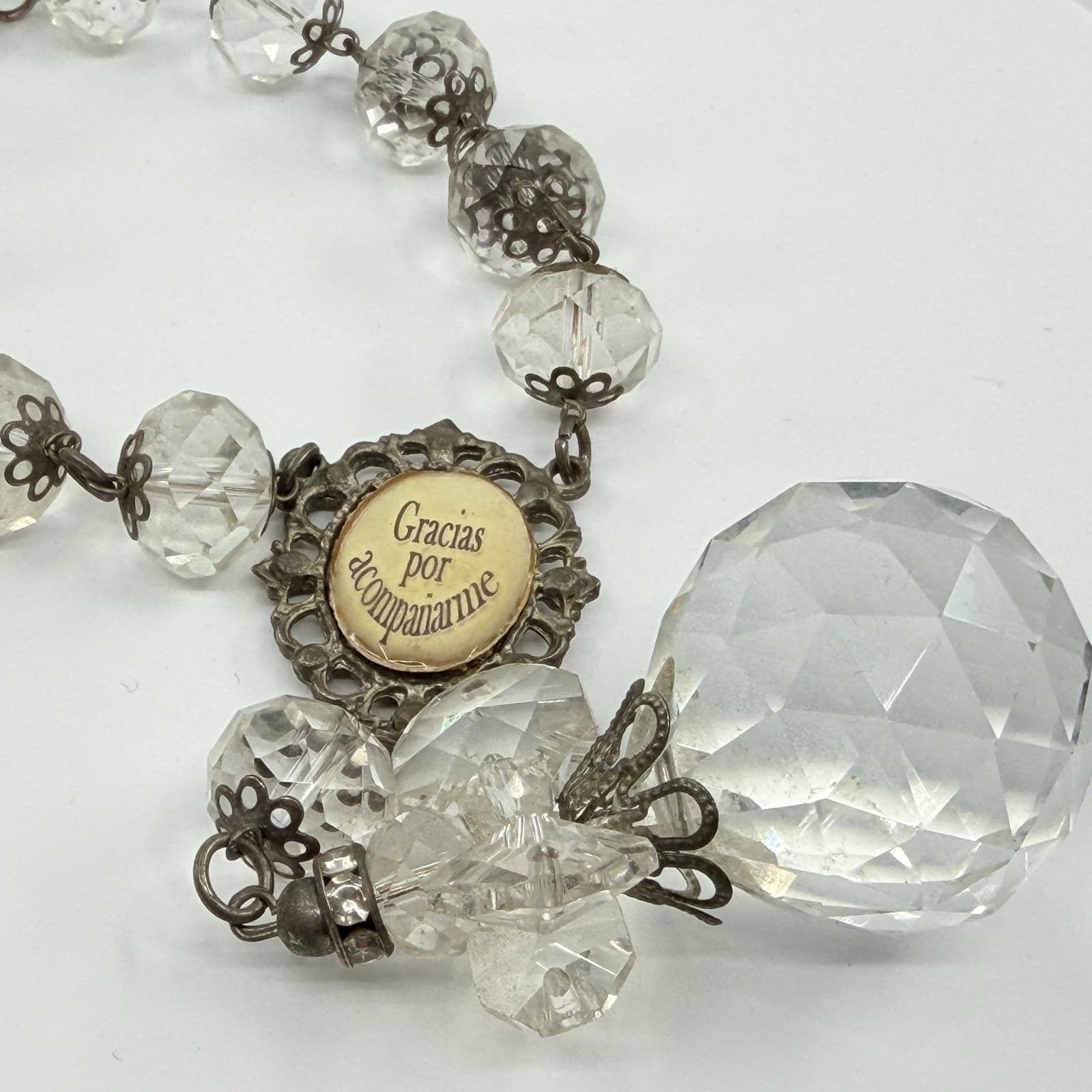 Vintage Crystal Rosary Bracelet Gracias Por Acompañarme Clear Beaded Orb Charm - Thumbnail 2