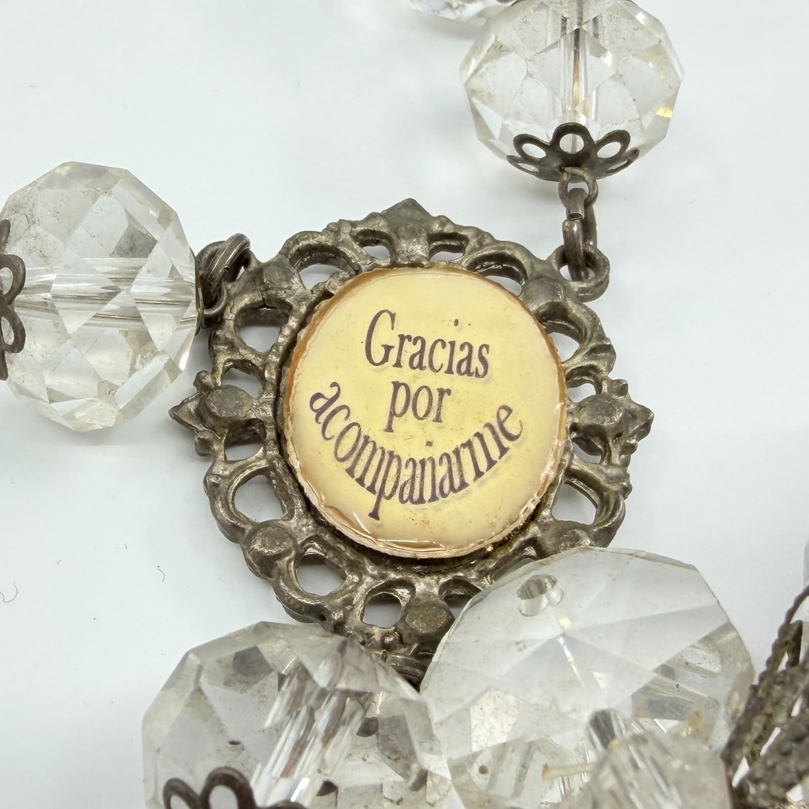 Vintage Crystal Rosary Bracelet Gracias Por Acompañarme Clear Beaded Orb Charm - Thumbnail 4