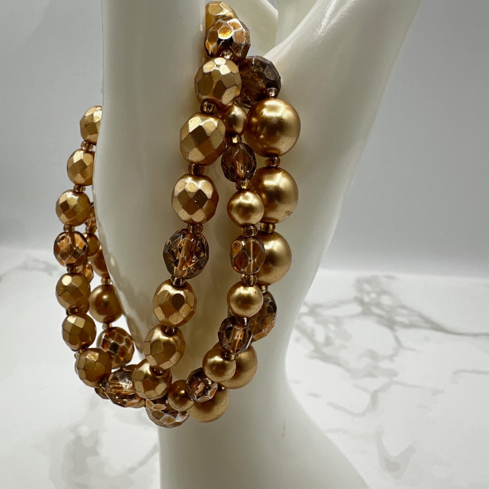 Vintage Gold-Tone Classic Stretch Triple-Strand Faceted Beads Torsade Bracelet - Thumbnail 4