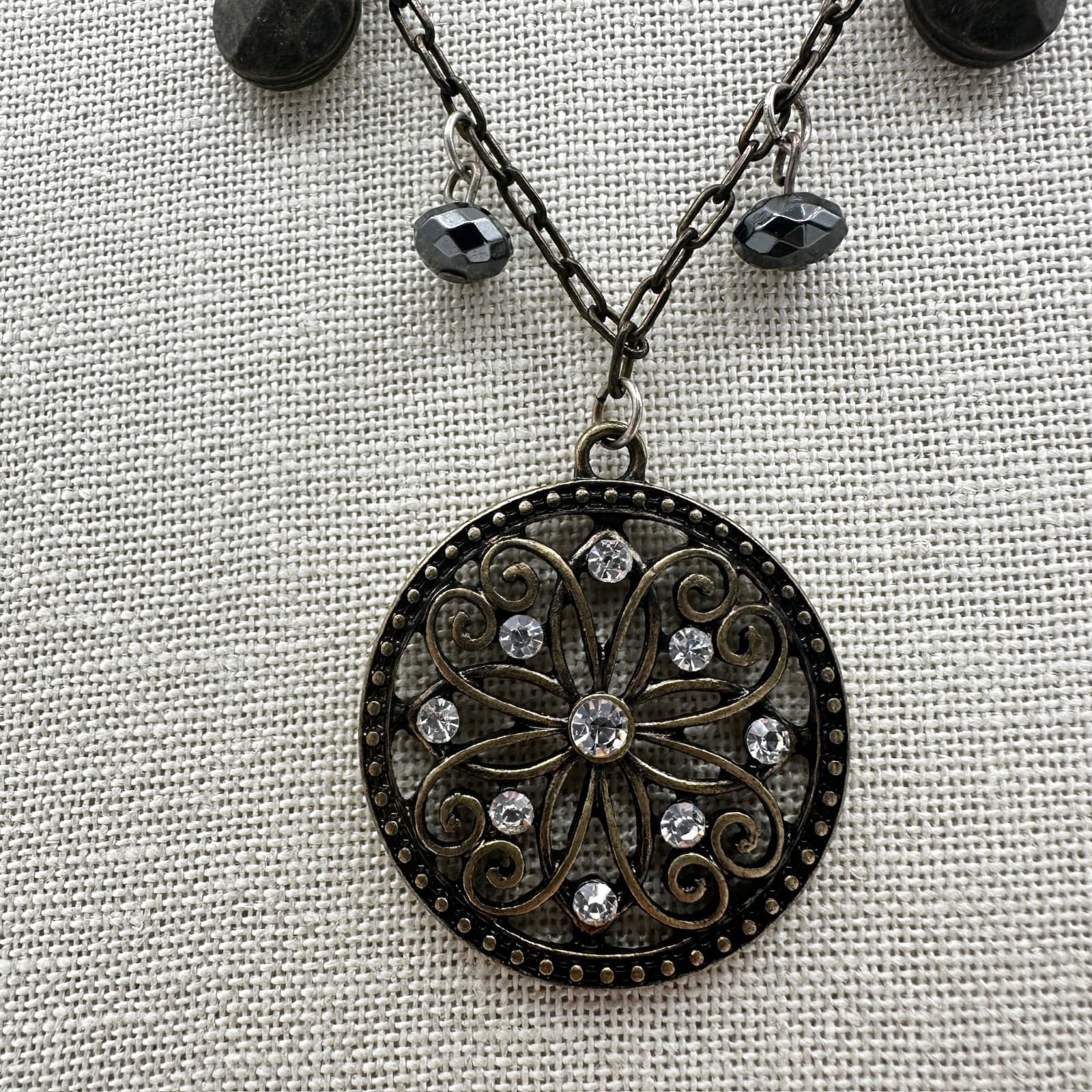 Vintage Bronze-Tone Adjustable Oval Link Crystal Beaded Pendant Lobster Necklace - Thumbnail 2