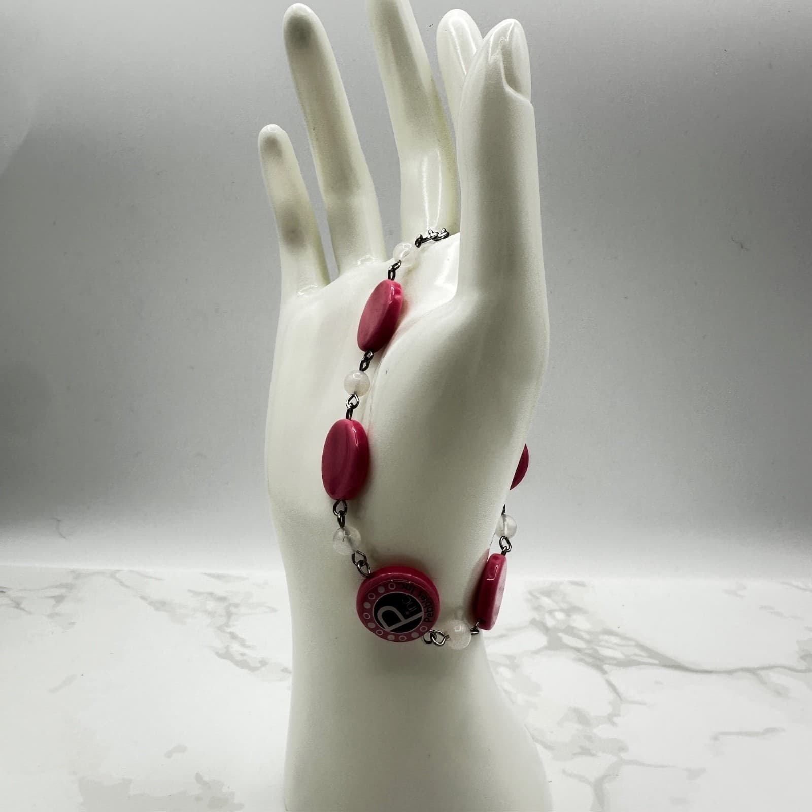 Vintage Pebbles Inc Red Pink White Beaded Charm Bracelet Letter P Silver Tone