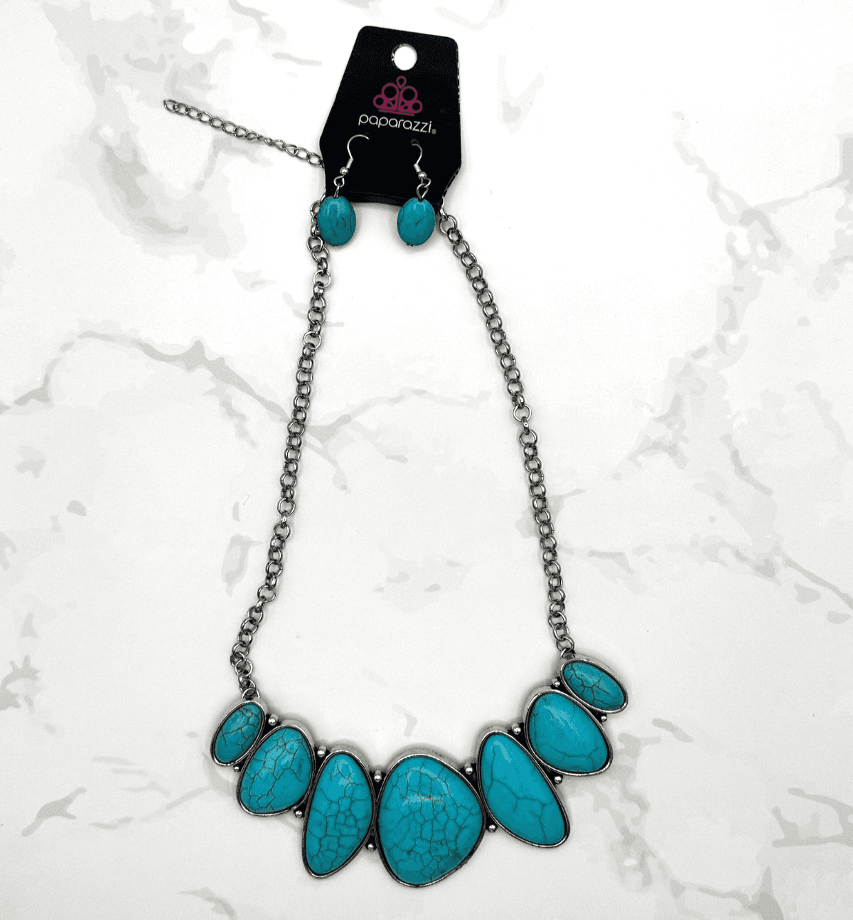 Vintage Paparazzi Turquoise Statement Necklace & Earrings Set, Silver Tone