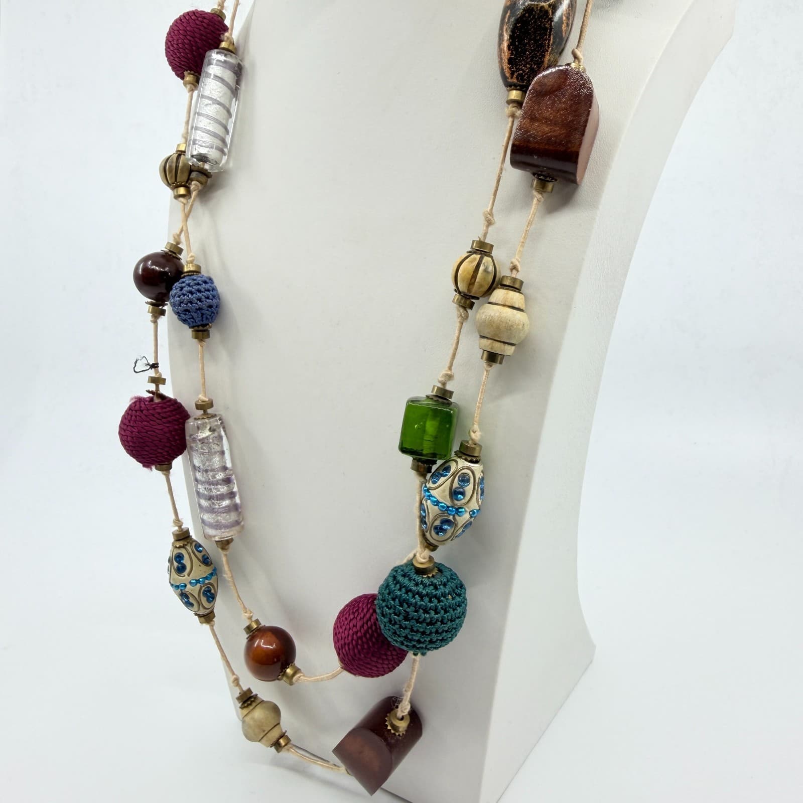 Vintage Boho Mixed Media Chunky Bead Long Layering Necklace Wood Glass Crocheted - Thumbnail 6