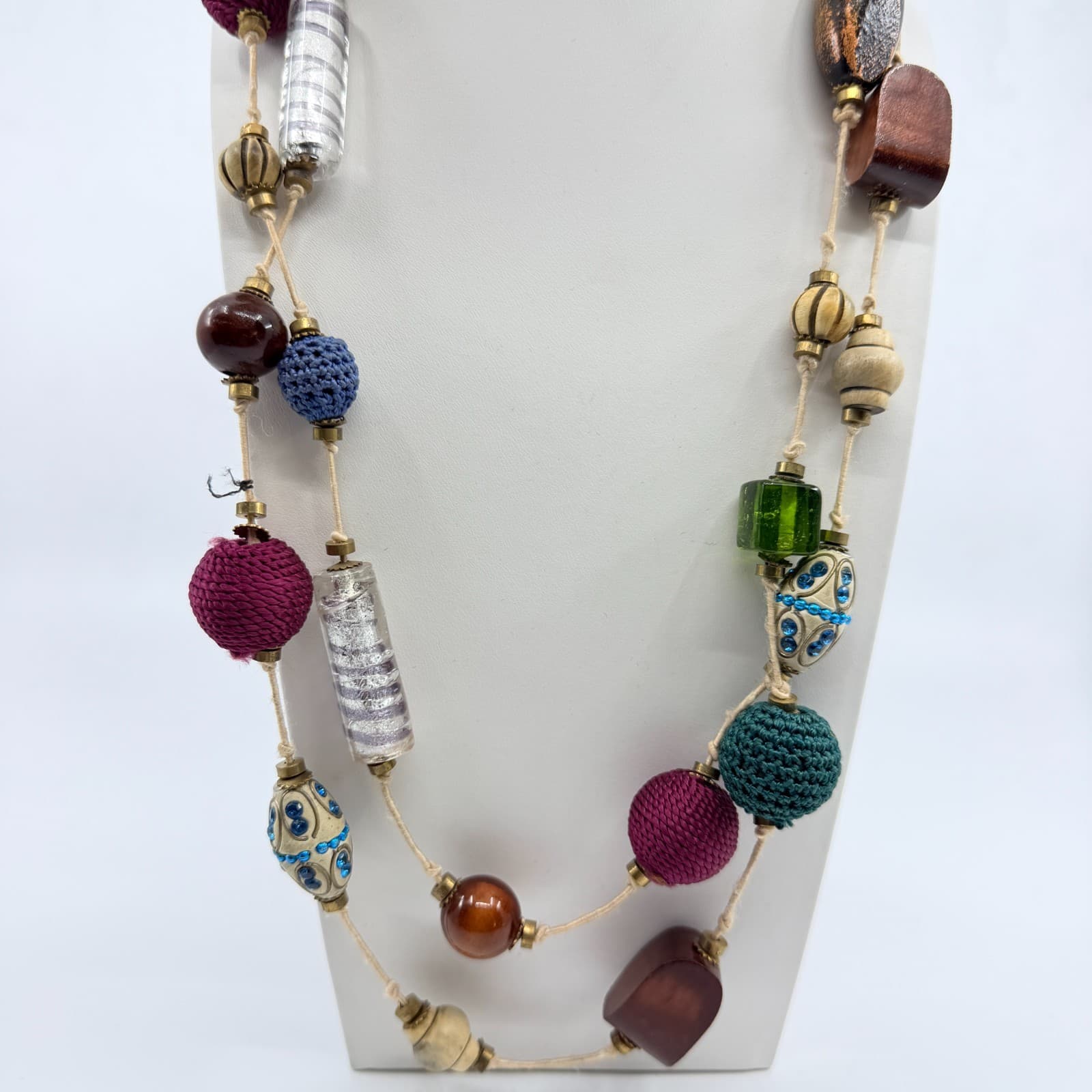 Vintage Boho Mixed Media Chunky Bead Long Layering Necklace Wood Glass Crocheted - Thumbnail 7