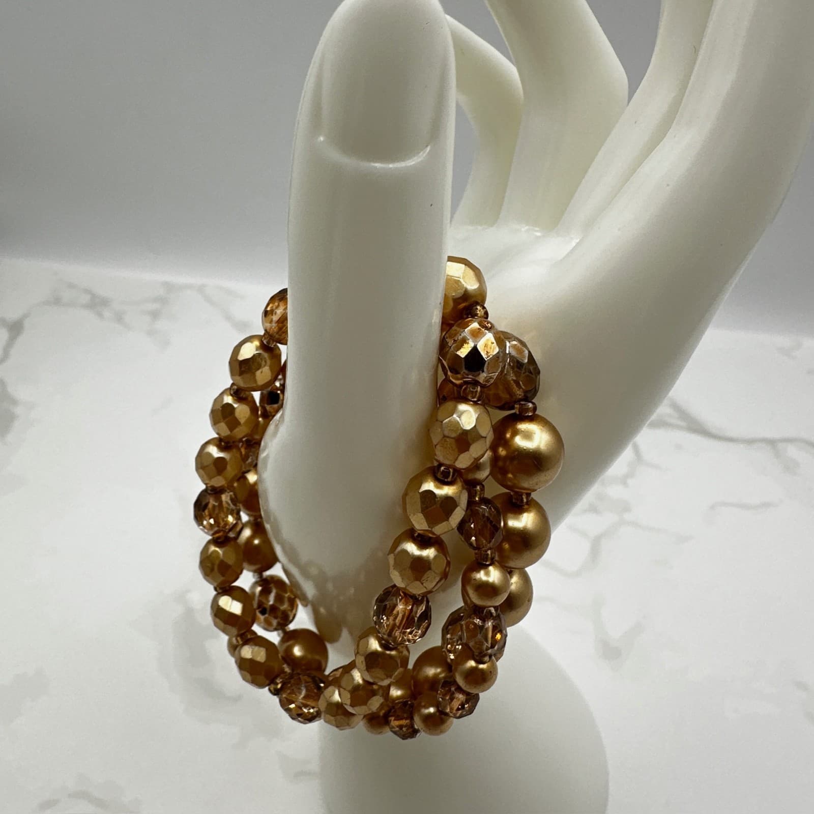 Vintage Gold-Tone Classic Stretch Triple-Strand Faceted Beads Torsade Bracelet - Thumbnail 3