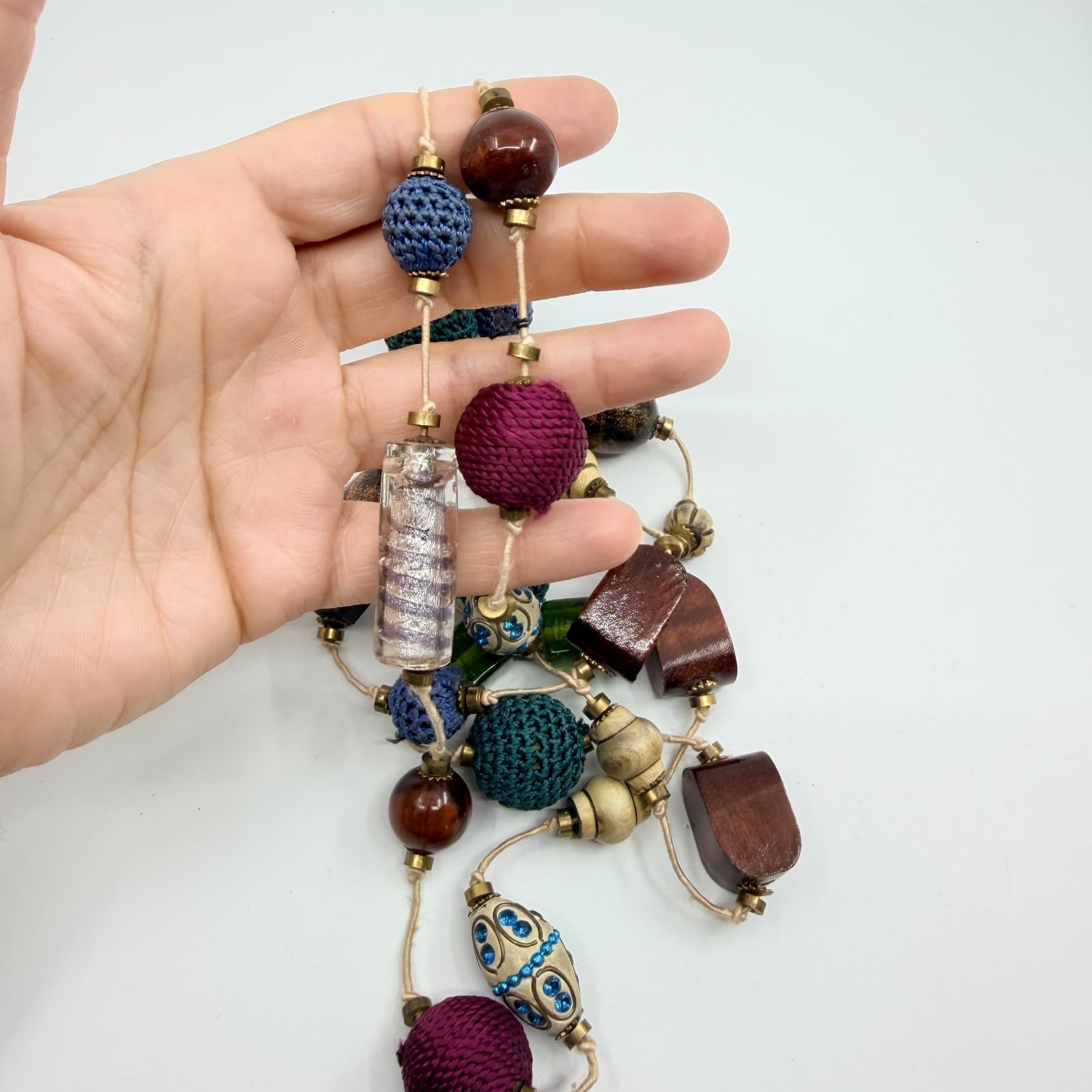 Vintage Boho Mixed Media Chunky Bead Long Layering Necklace Wood Glass Crocheted - Thumbnail 10