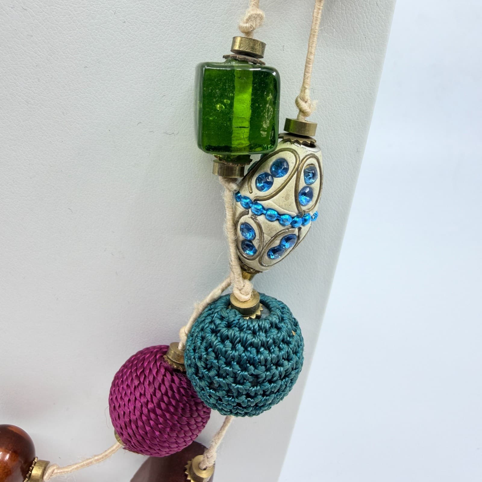 Vintage Boho Mixed Media Chunky Bead Long Layering Necklace Wood Glass Crocheted - Thumbnail 9