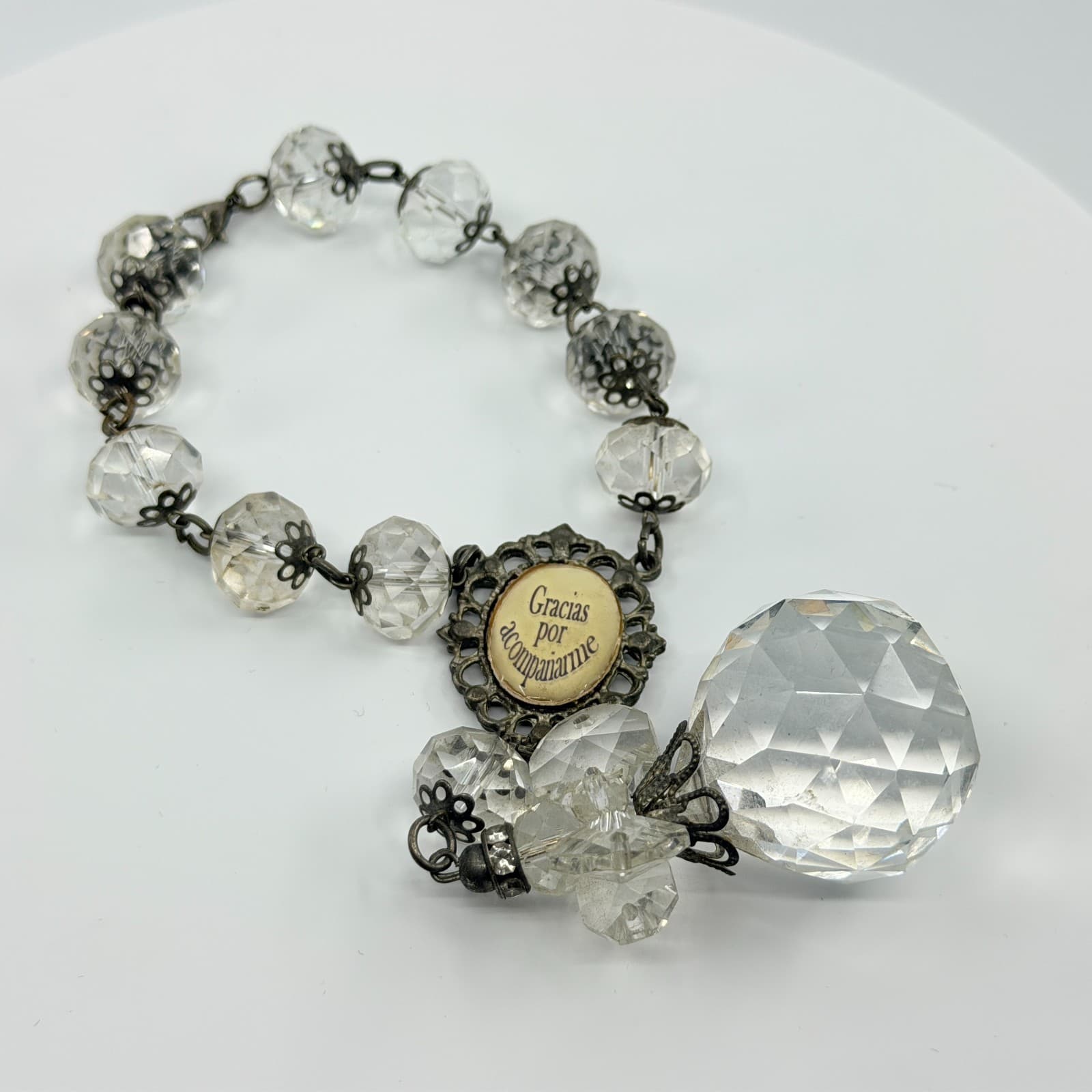 Vintage Crystal Rosary Bracelet Gracias Por Acompañarme Clear Beaded Orb Charm