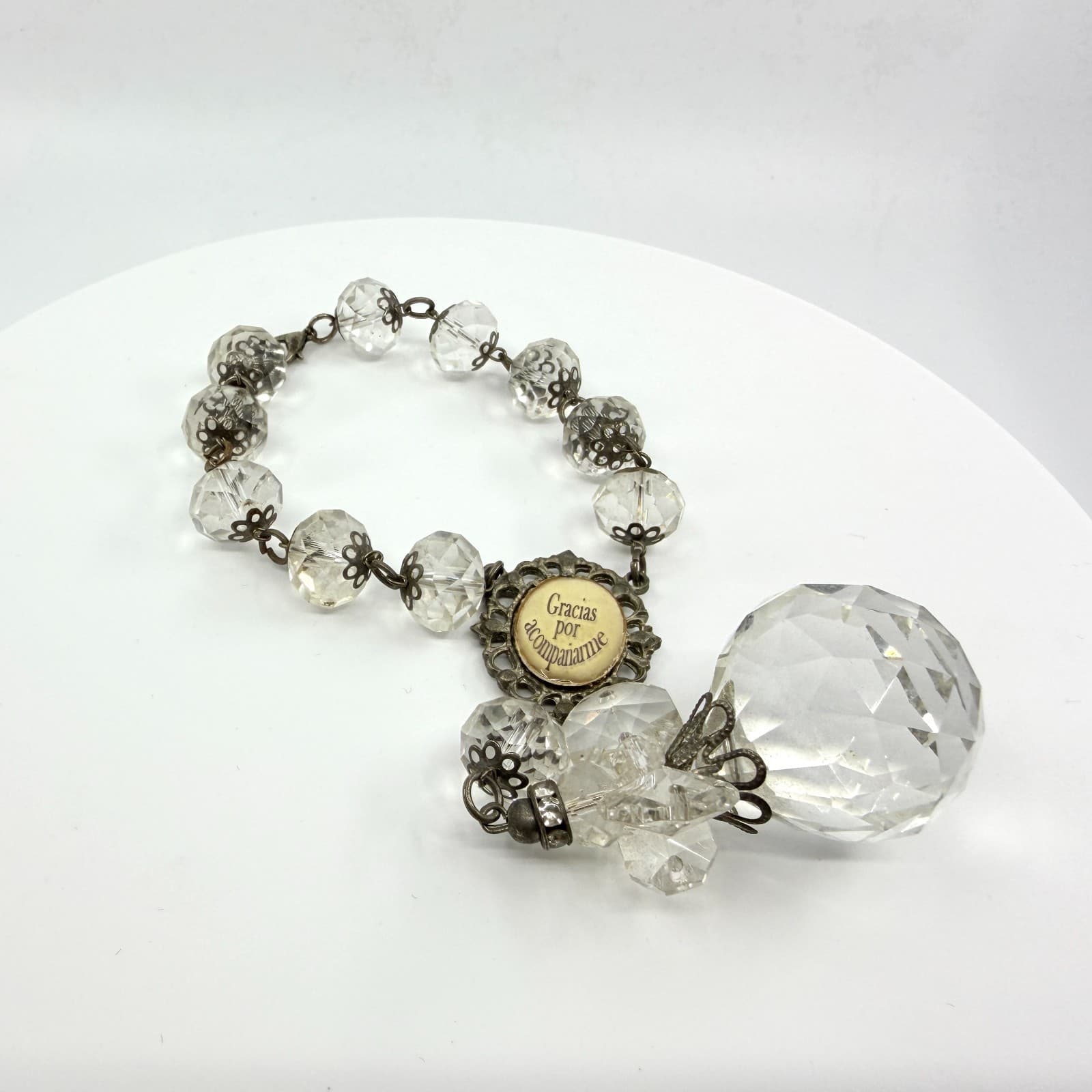 Vintage Crystal Rosary Bracelet Gracias Por Acompañarme Clear Beaded Orb Charm - Thumbnail 3