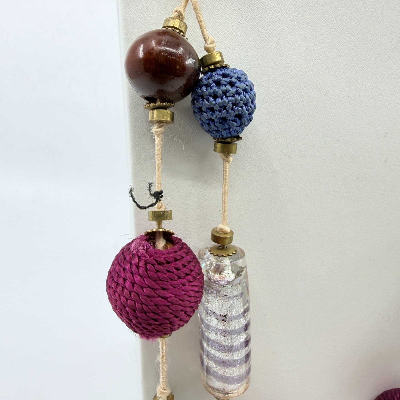 Vintage Boho Mixed Media Chunky Bead Long Layering Necklace Wood Glass Crocheted - Thumbnail 4