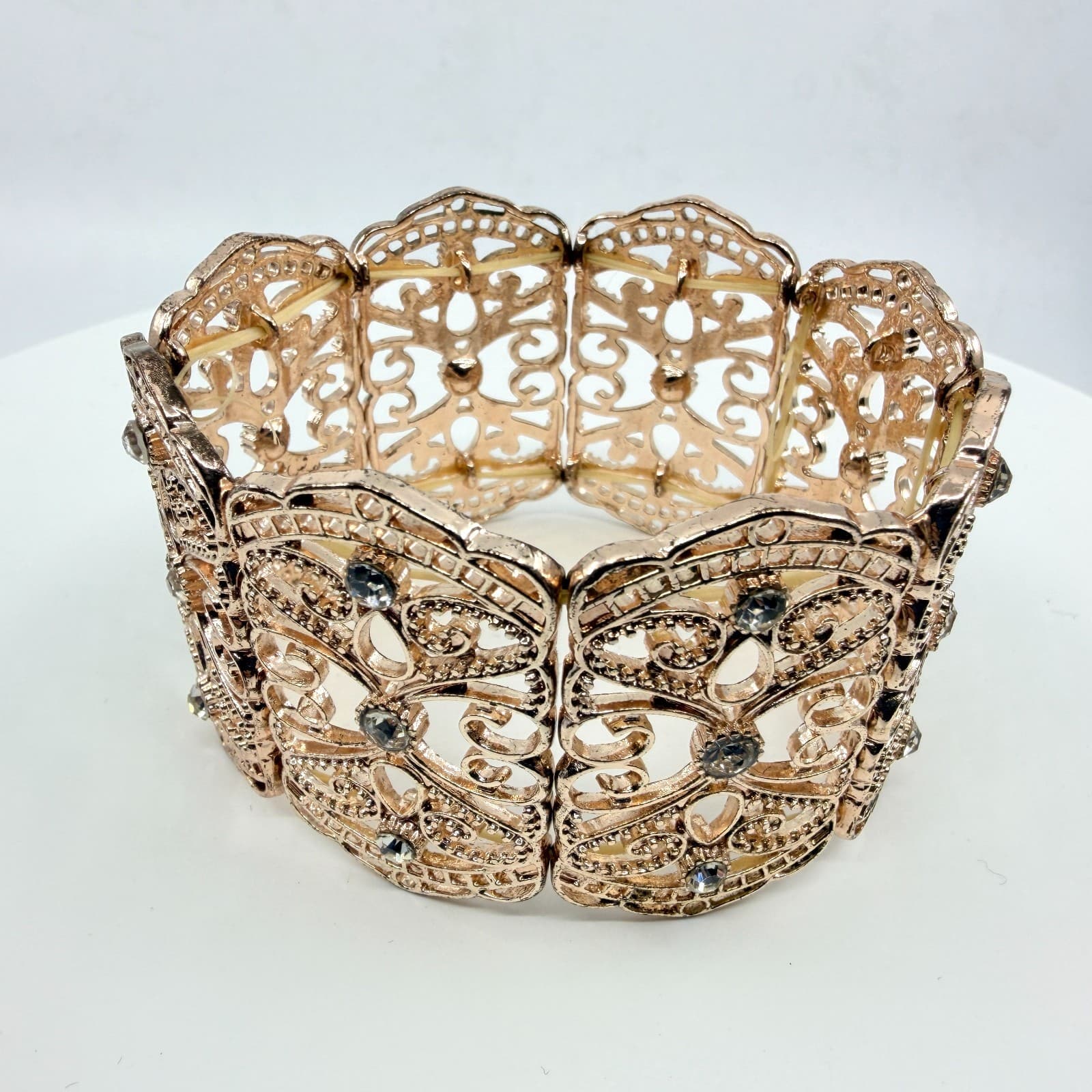 Vintage Y2K Rose Gold Tone Filigree Stretch Cuff Bracelet Rhinestone Boho Retro