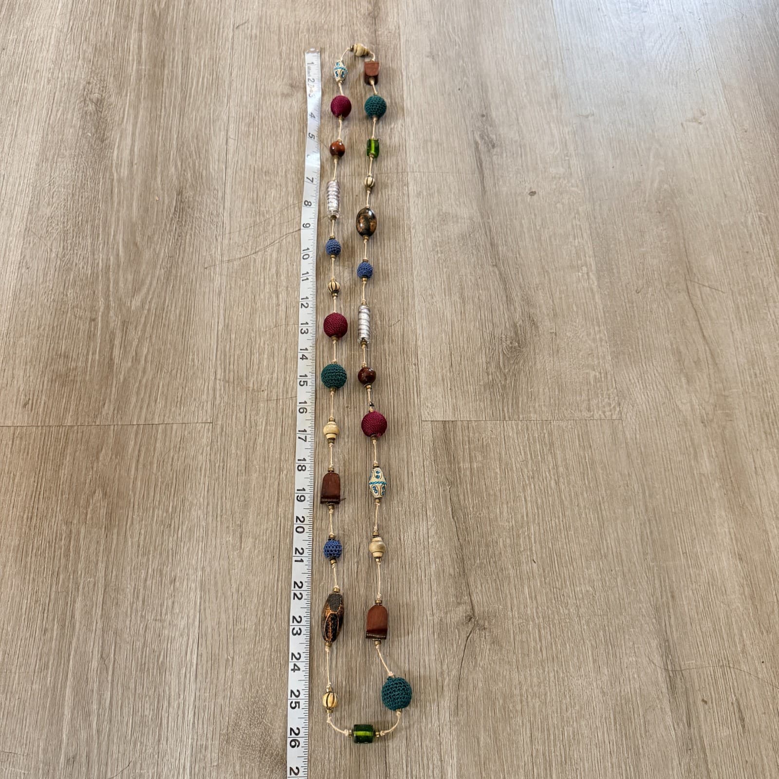 Vintage Boho Mixed Media Chunky Bead Long Layering Necklace Wood Glass Crocheted - Thumbnail 11