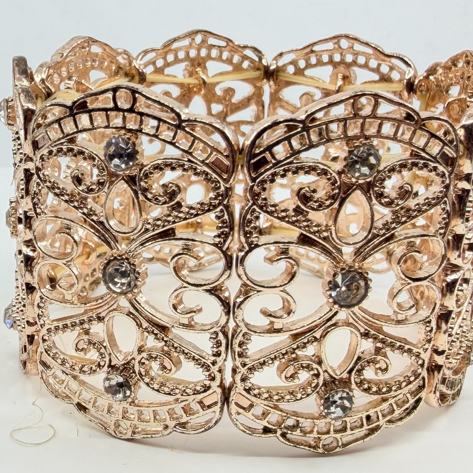 Vintage Y2K Rose Gold Tone Filigree Stretch Cuff Bracelet Rhinestone Boho Retro - Thumbnail 3