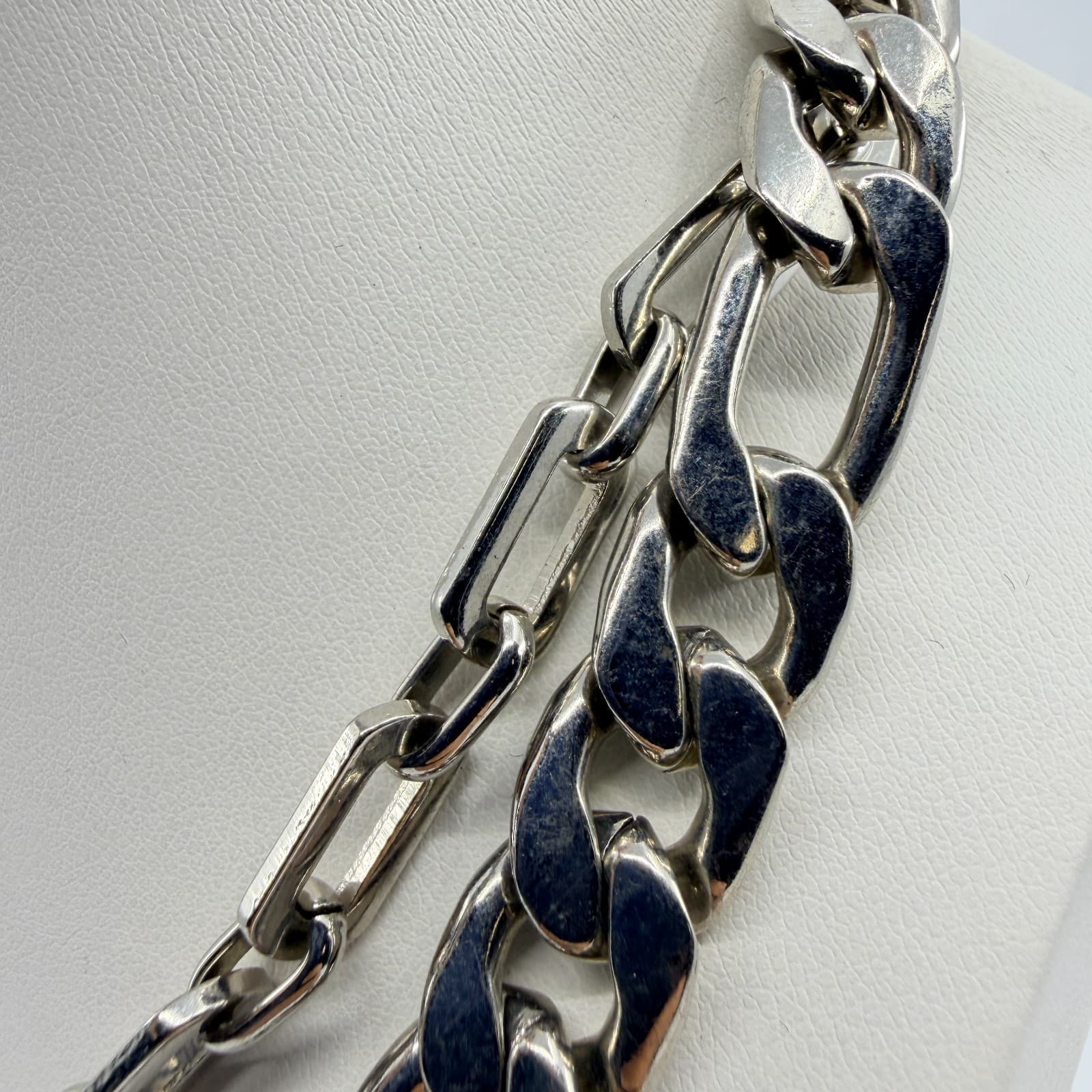 VTG Chunky Silver Tone Layered Chain Necklace Figaro Paperclip Multi Strand Bold - Thumbnail 6