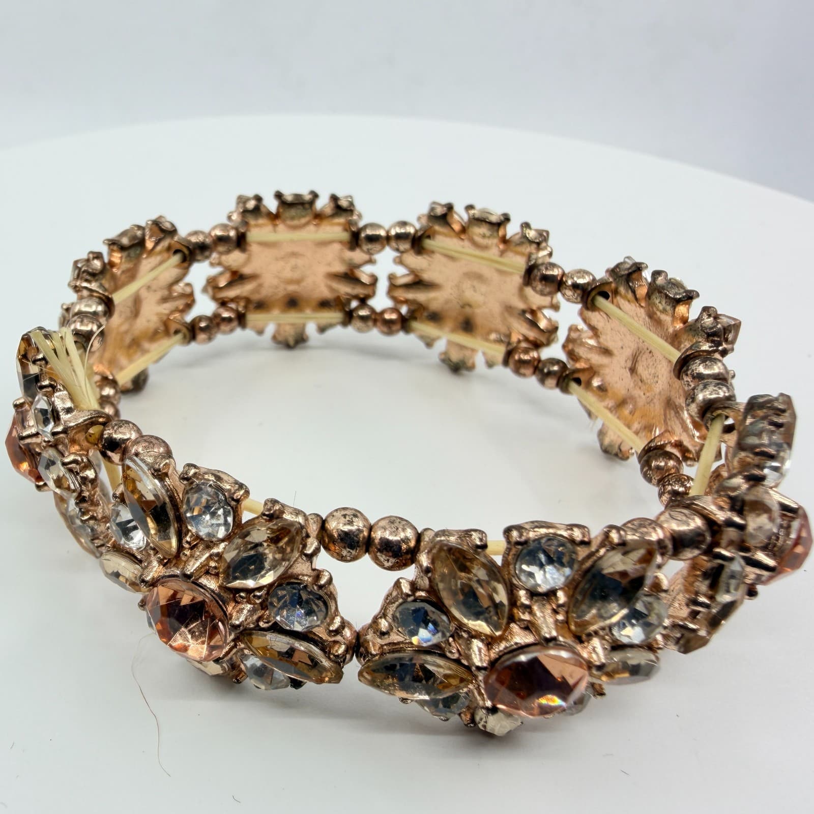 VTG Rose Gold Tone Champagne Rhinestone Floral Chunky Stretch Cluster Bracelet - Thumbnail 4