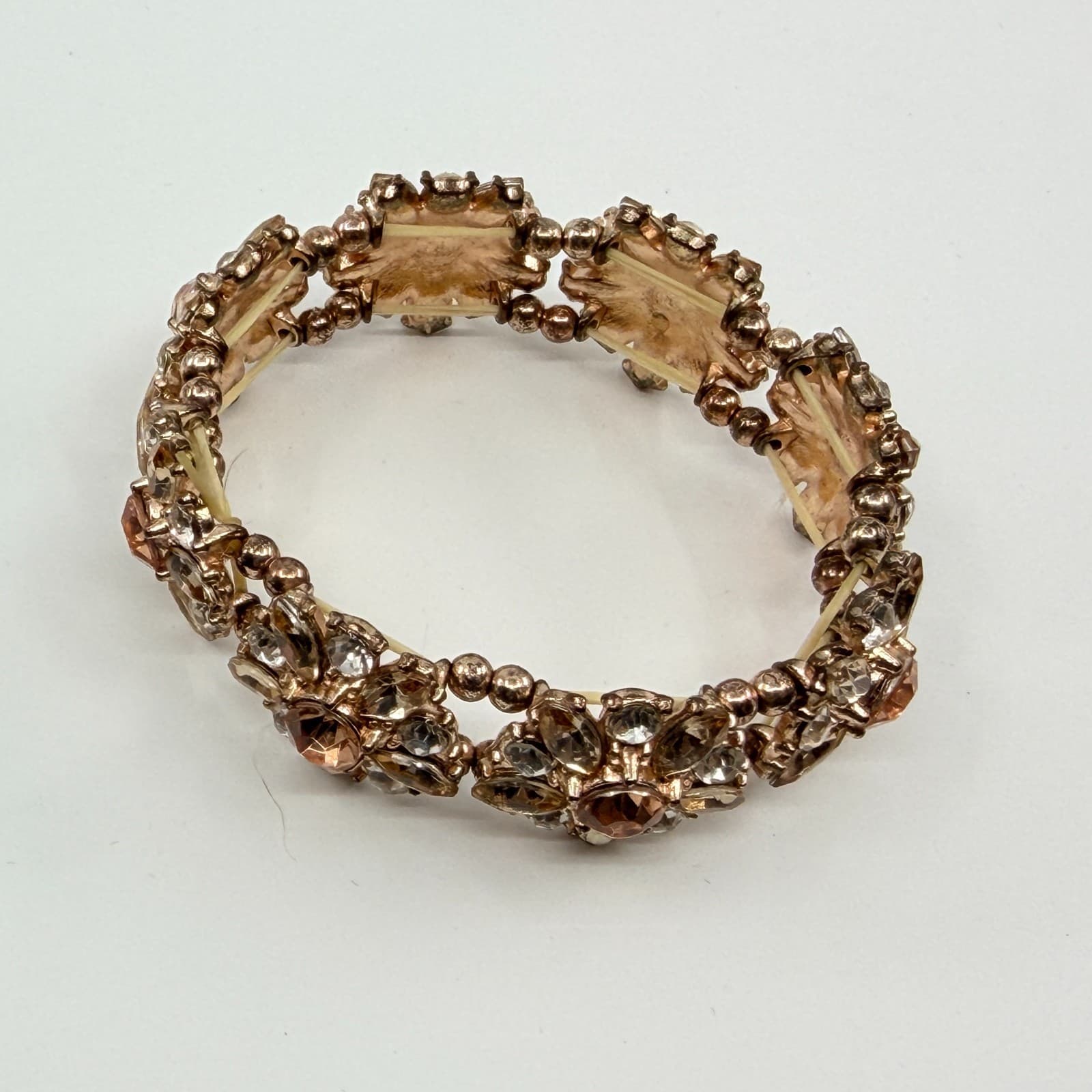 VTG Rose Gold Tone Champagne Rhinestone Floral Chunky Stretch Cluster Bracelet - Thumbnail 6