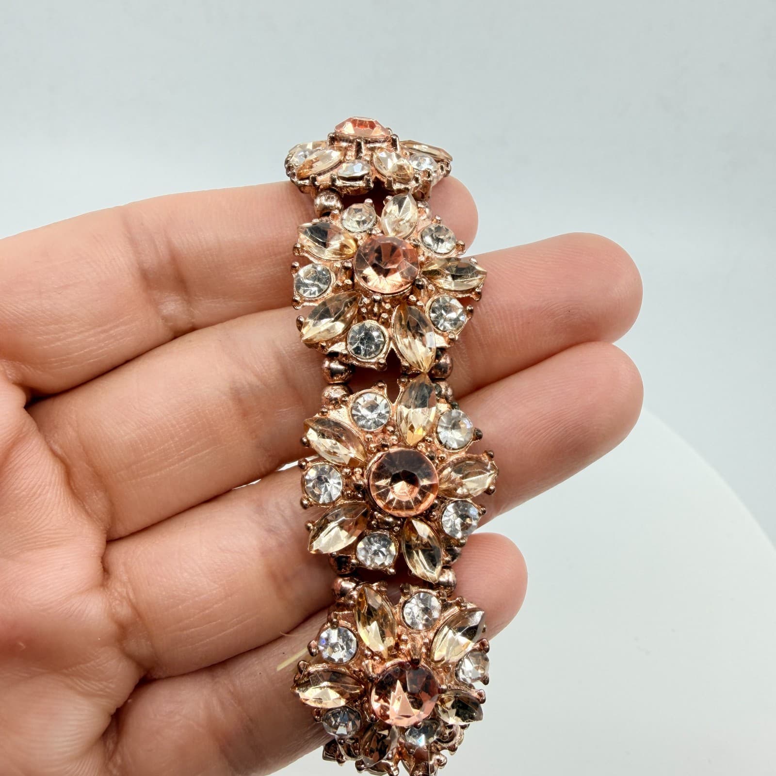 VTG Rose Gold Tone Champagne Rhinestone Floral Chunky Stretch Cluster Bracelet - Thumbnail 7