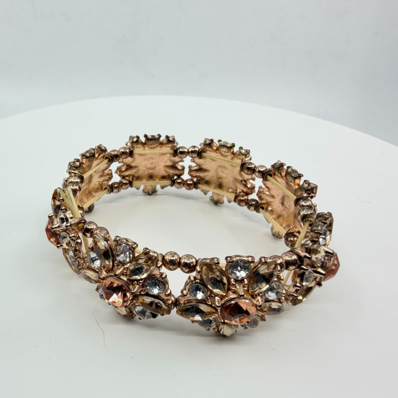 VTG Rose Gold Tone Champagne Rhinestone Floral Chunky Stretch Cluster Bracelet - Thumbnail 3