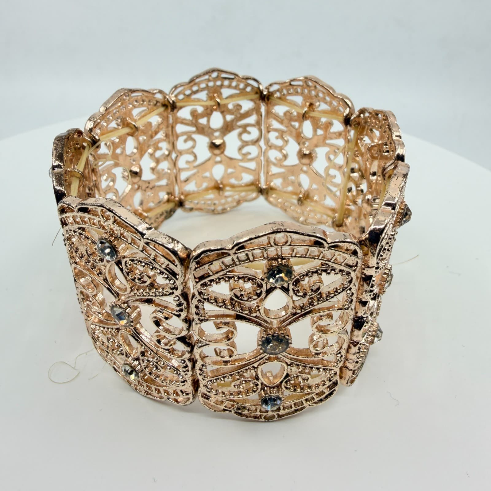 Vintage Y2K Rose Gold Tone Filigree Stretch Cuff Bracelet Rhinestone Boho Retro - Thumbnail 4