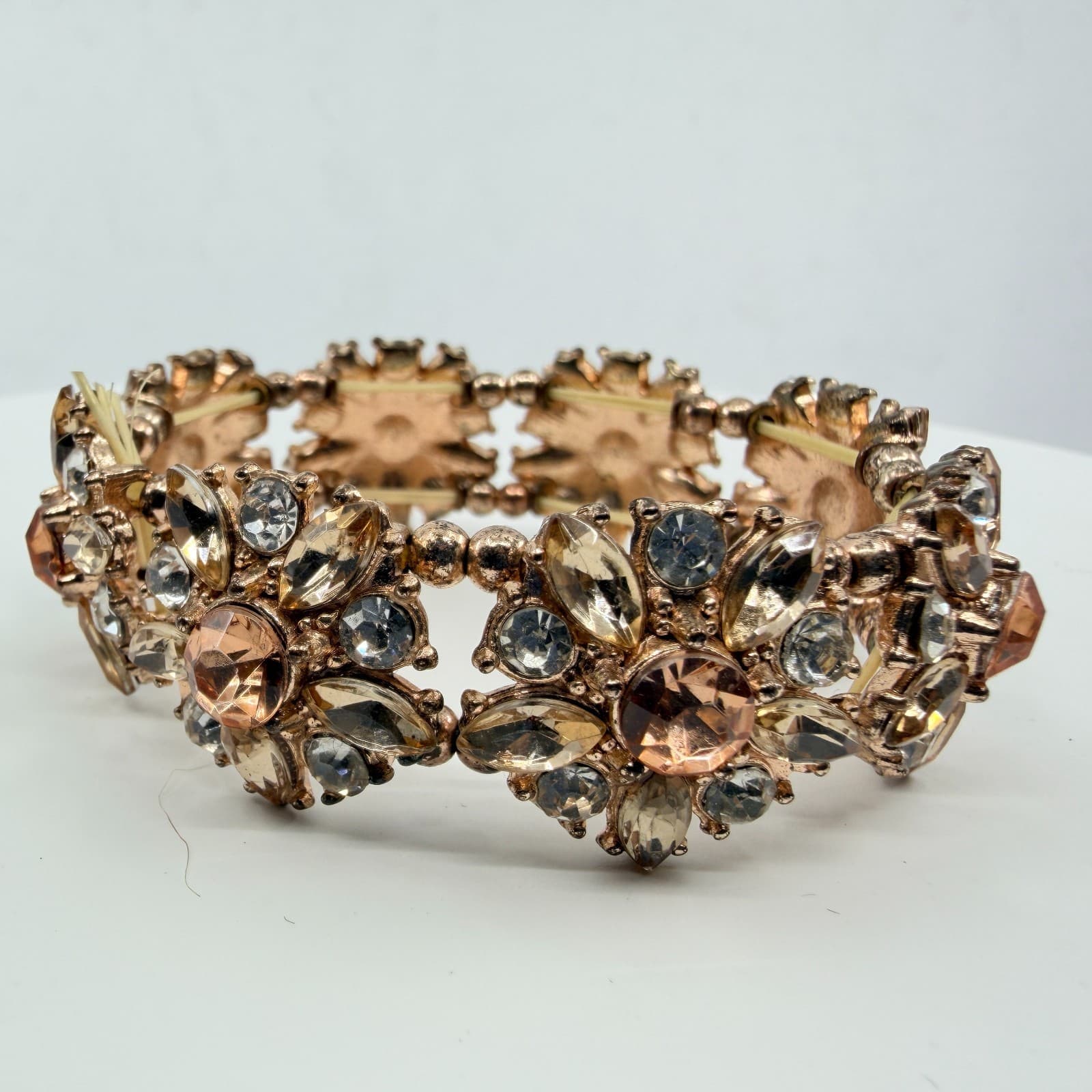 VTG Rose Gold Tone Champagne Rhinestone Floral Chunky Stretch Cluster Bracelet - Thumbnail 2