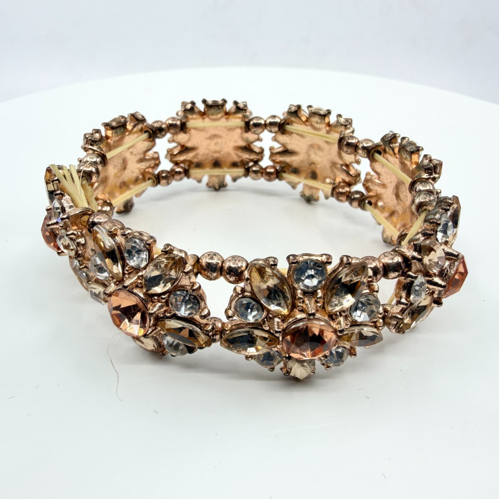 VTG Rose Gold Tone Champagne Rhinestone Floral Chunky Stretch Cluster Bracelet
