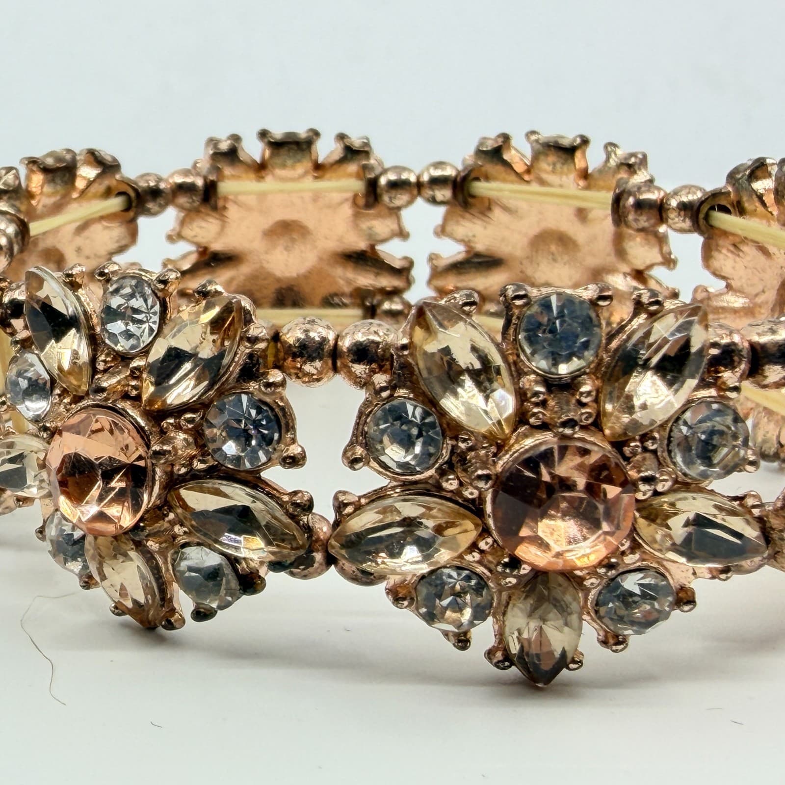 VTG Rose Gold Tone Champagne Rhinestone Floral Chunky Stretch Cluster Bracelet - Thumbnail 5