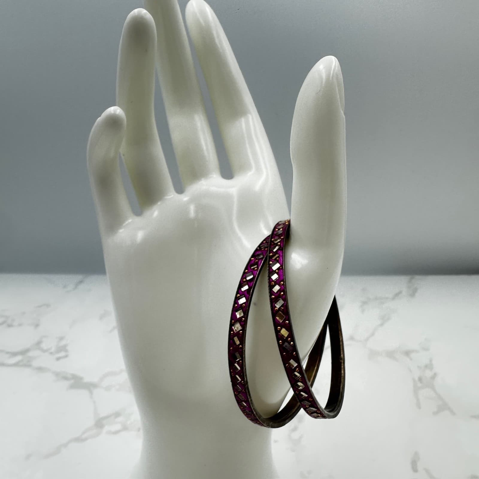 Vintage Purple Silver-Tone Mirror & Stone Embellished Traditional Lac Bangles