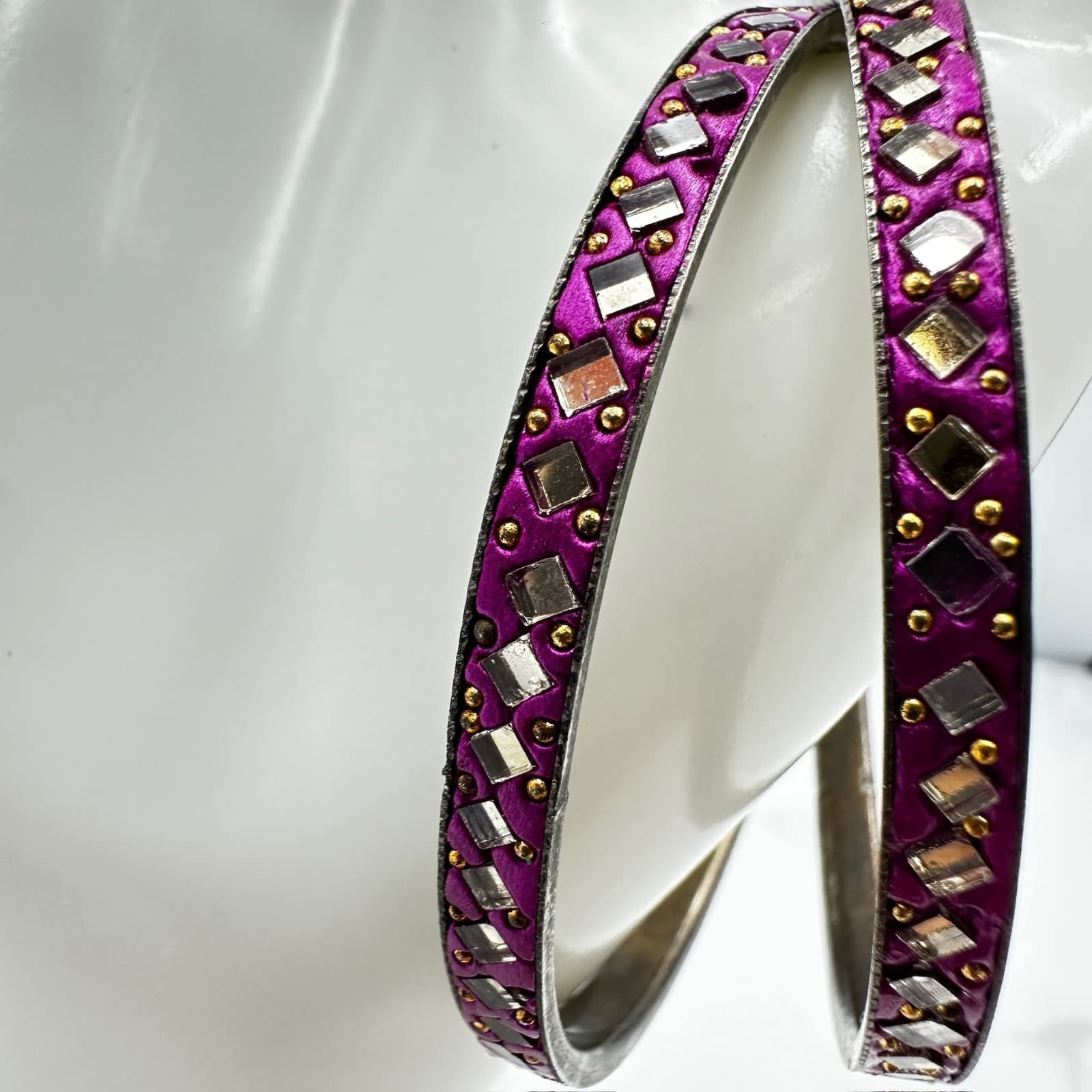 Vintage Purple Silver-Tone Mirror & Stone Embellished Traditional Lac Bangles - Thumbnail 3