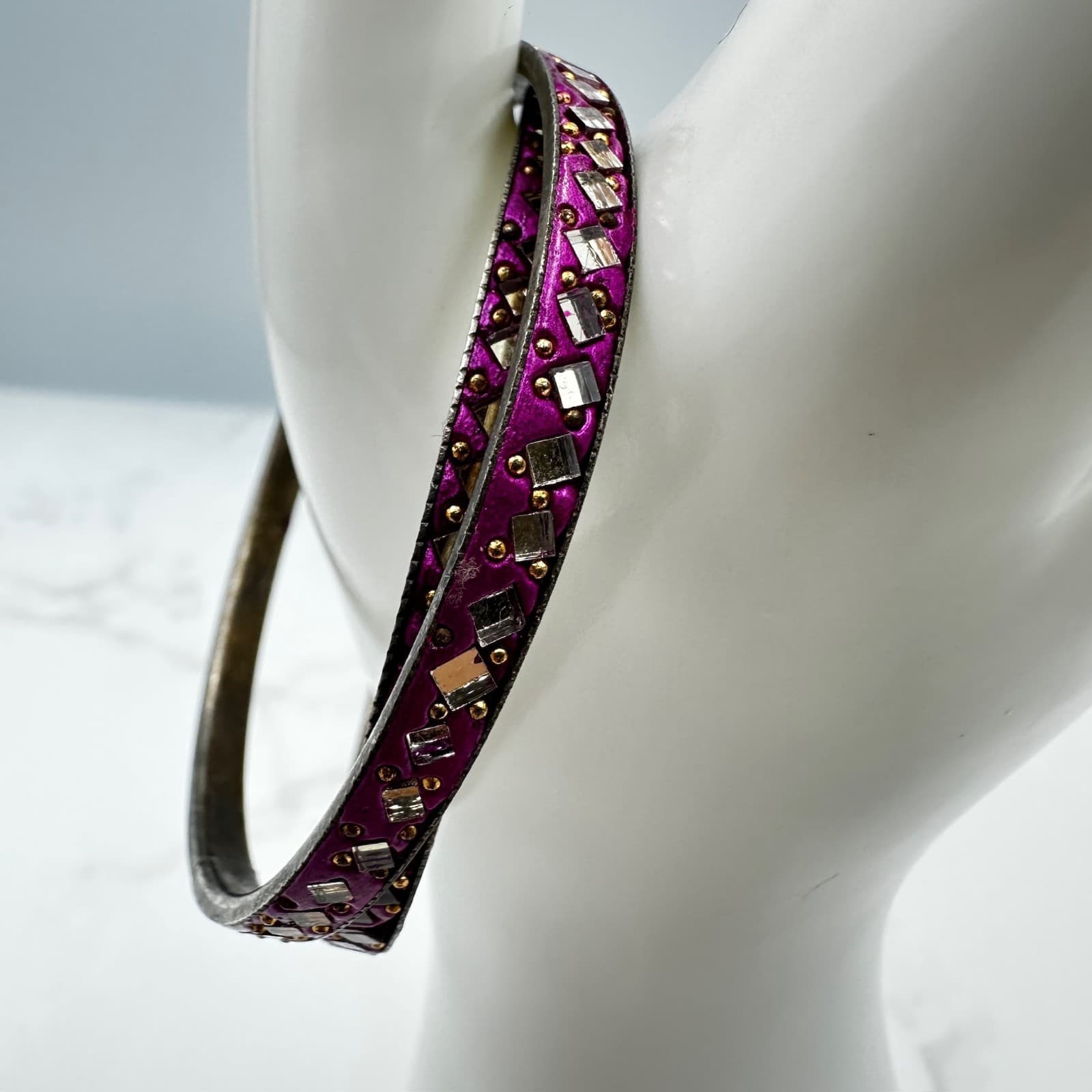Vintage Purple Silver-Tone Mirror & Stone Embellished Traditional Lac Bangles - Thumbnail 4