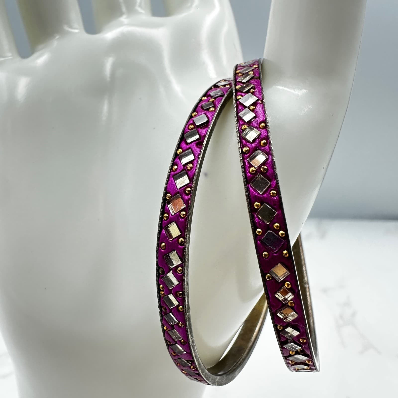 Vintage Purple Silver-Tone Mirror & Stone Embellished Traditional Lac Bangles - Thumbnail 2