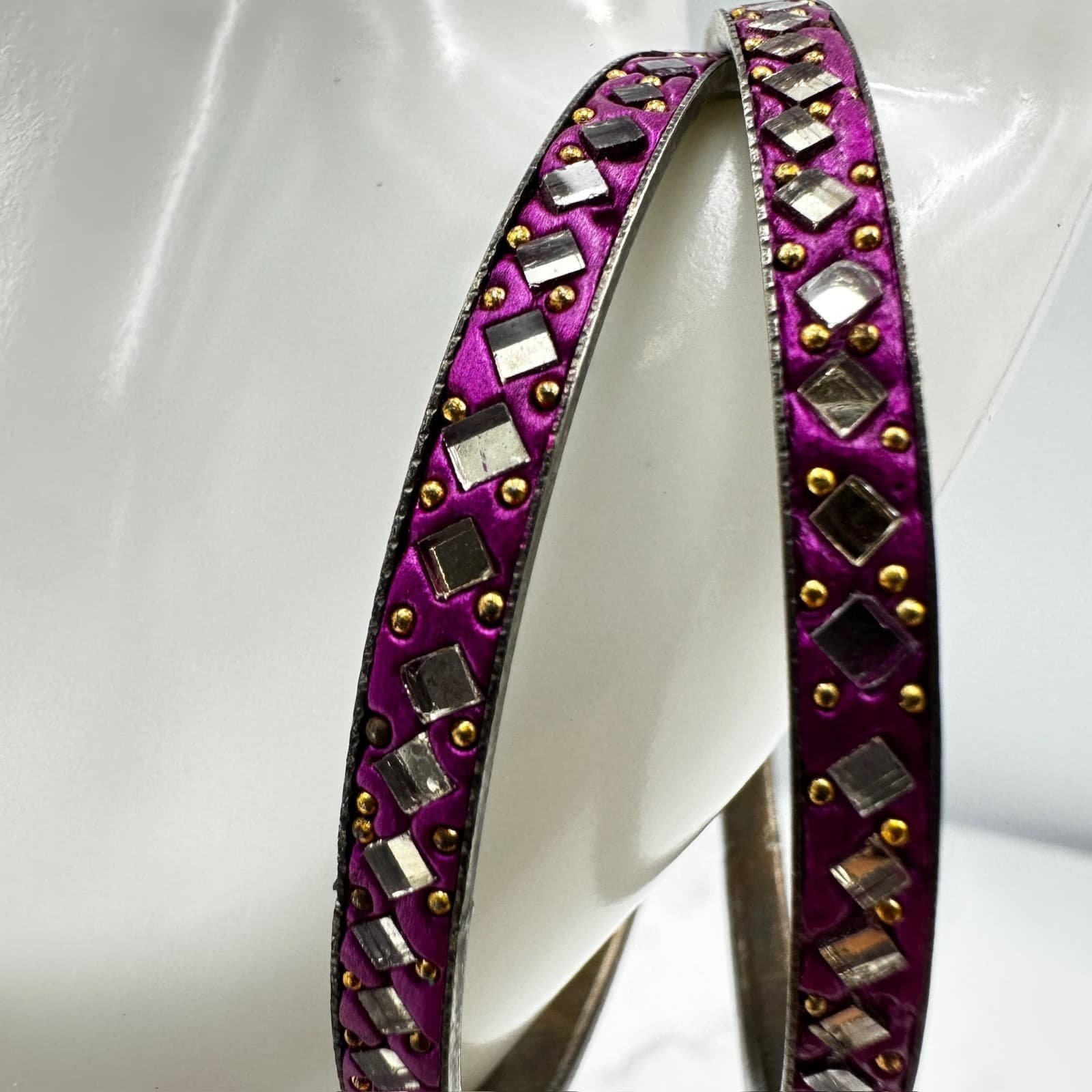 Vintage Purple Silver-Tone Mirror & Stone Embellished Traditional Lac Bangles - Thumbnail 5