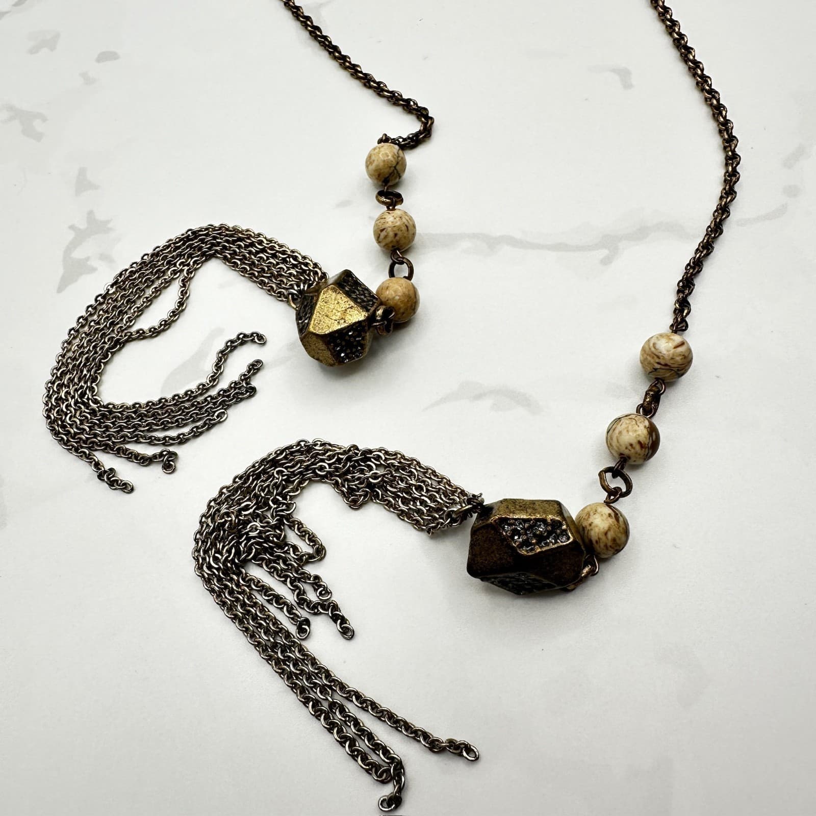 Vintage VTG Bohemian Tribal Agate Beads Silver-Tone Rope Chain Long Statement - Thumbnail 2