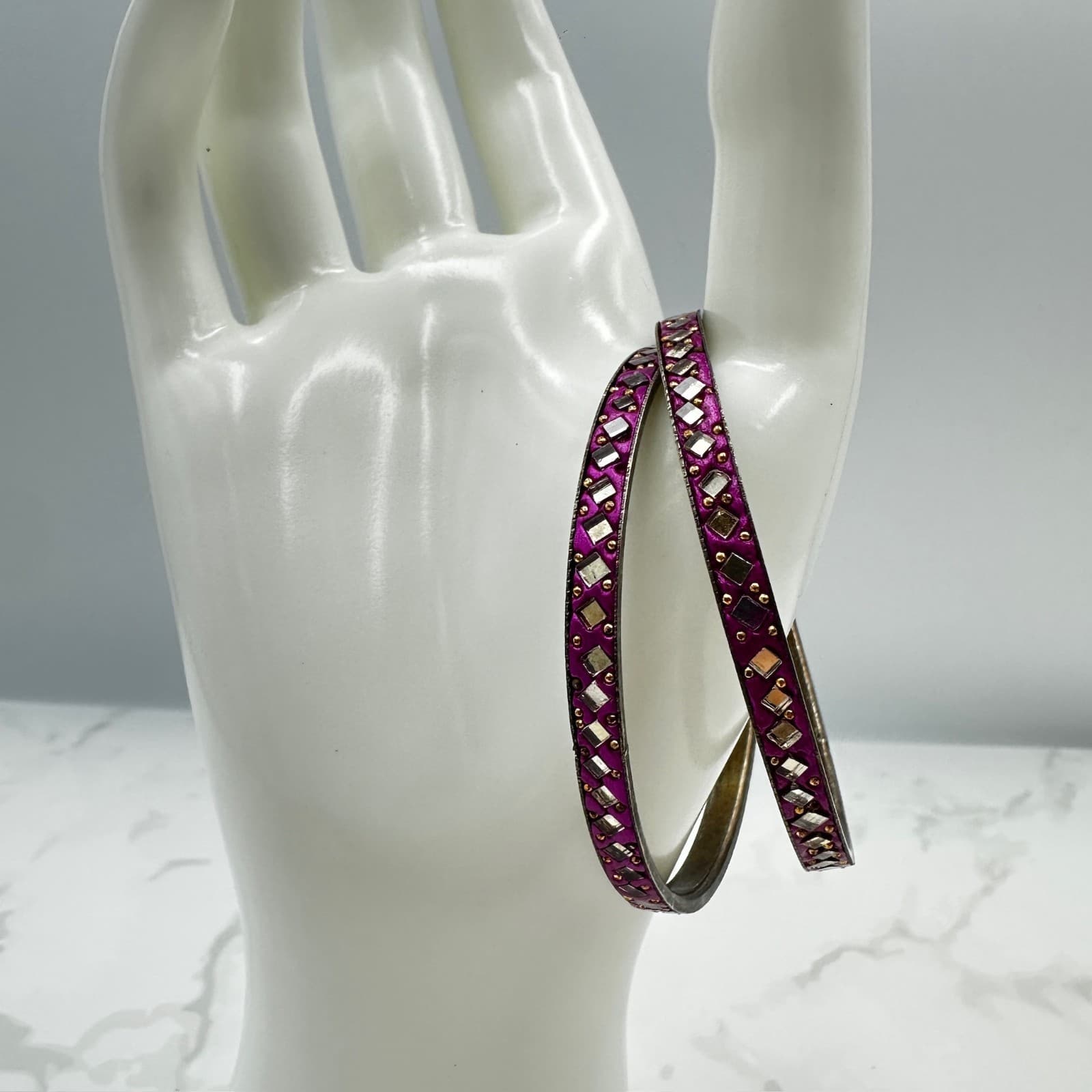 Vintage Purple Silver-Tone Mirror & Stone Embellished Traditional Lac Bangles - Thumbnail 7