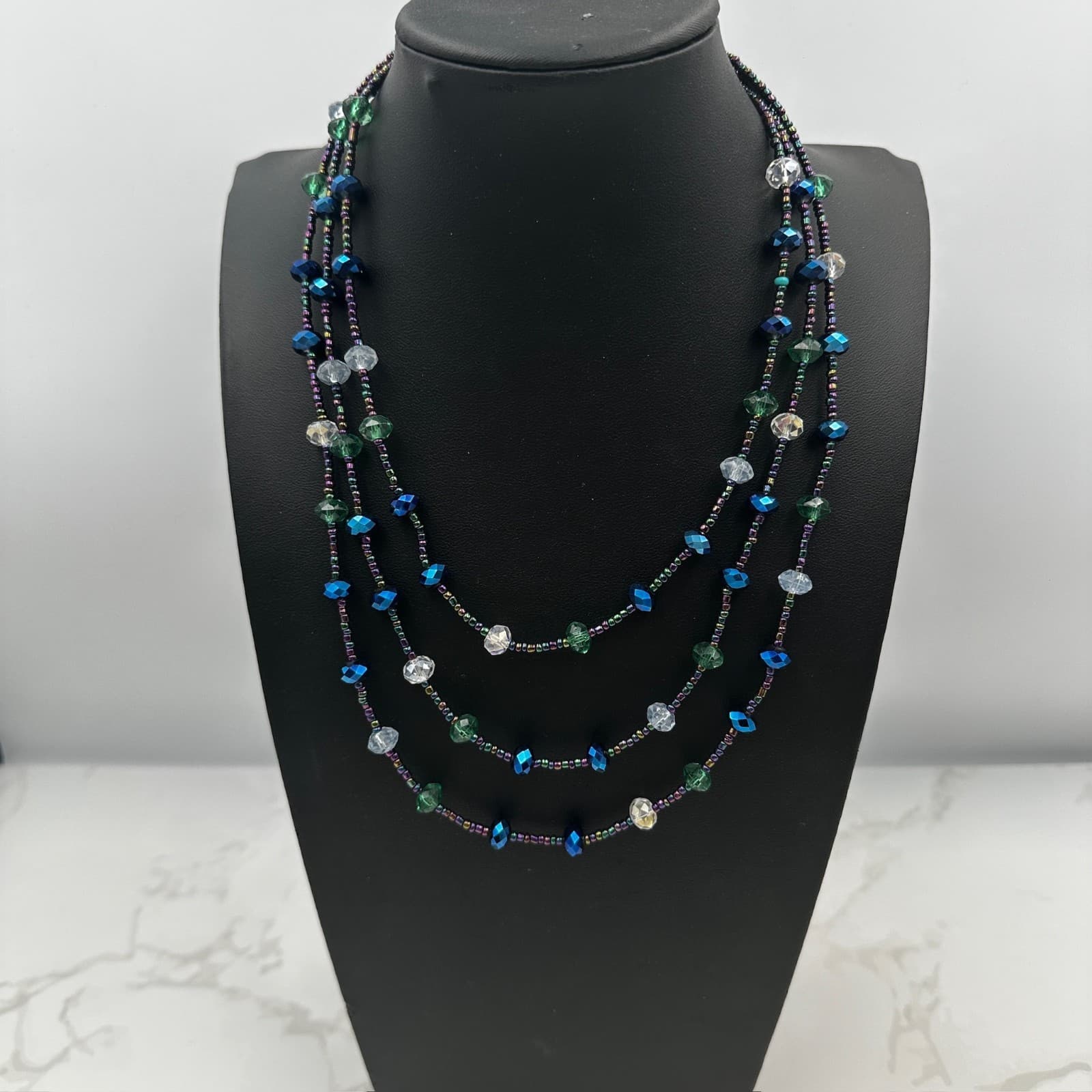 Vintage Oil-Slick Faceting Seed Beaded Extender Chain Multi-Strand Layered