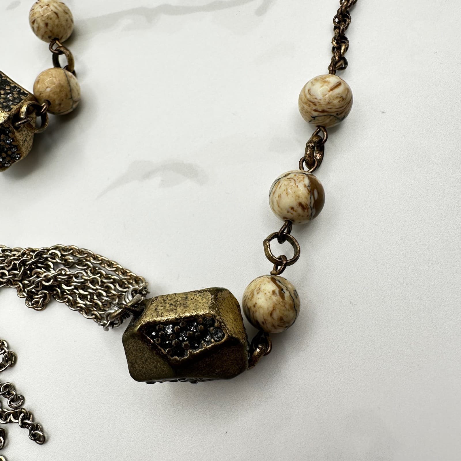 Vintage VTG Bohemian Tribal Agate Beads Silver-Tone Rope Chain Long Statement - Thumbnail 3